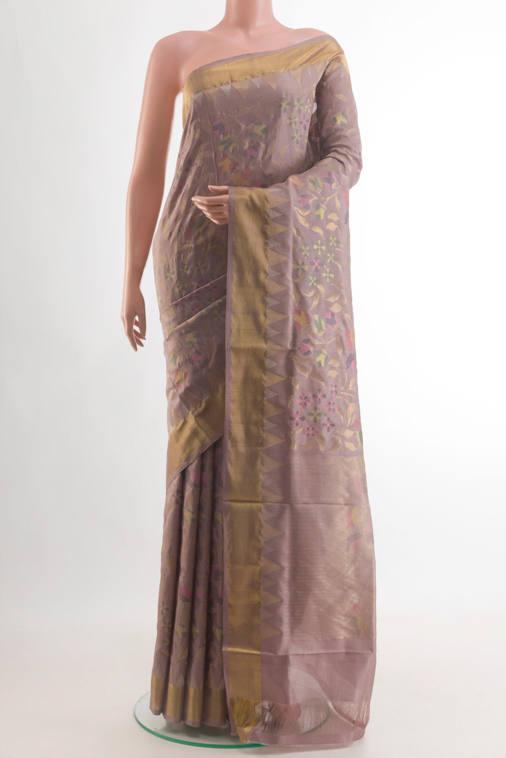 Pure Silk Pure Zari Lavender Uppada Saree with Zari Brocade on the body and Zari Border.  displayed on a mannequin