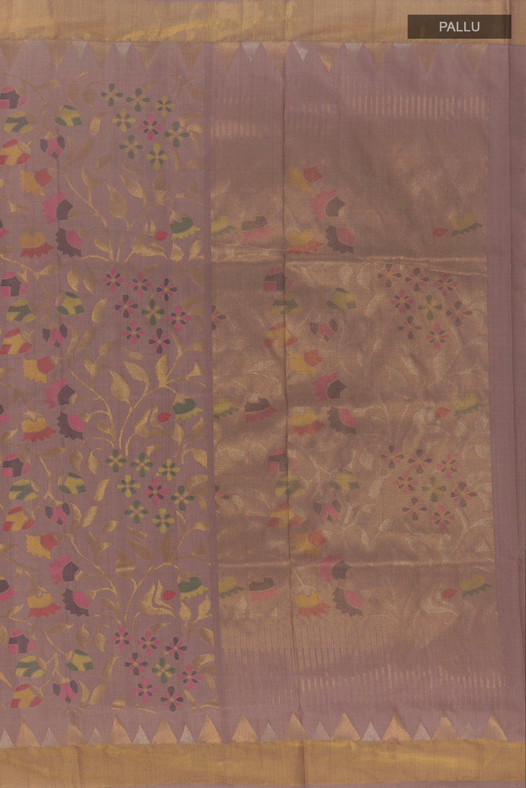Close up image of the pallu of Pure Silk Pure Zari Lavender Uppada Saree with Zari Brocade on the body and Zari Border. 
