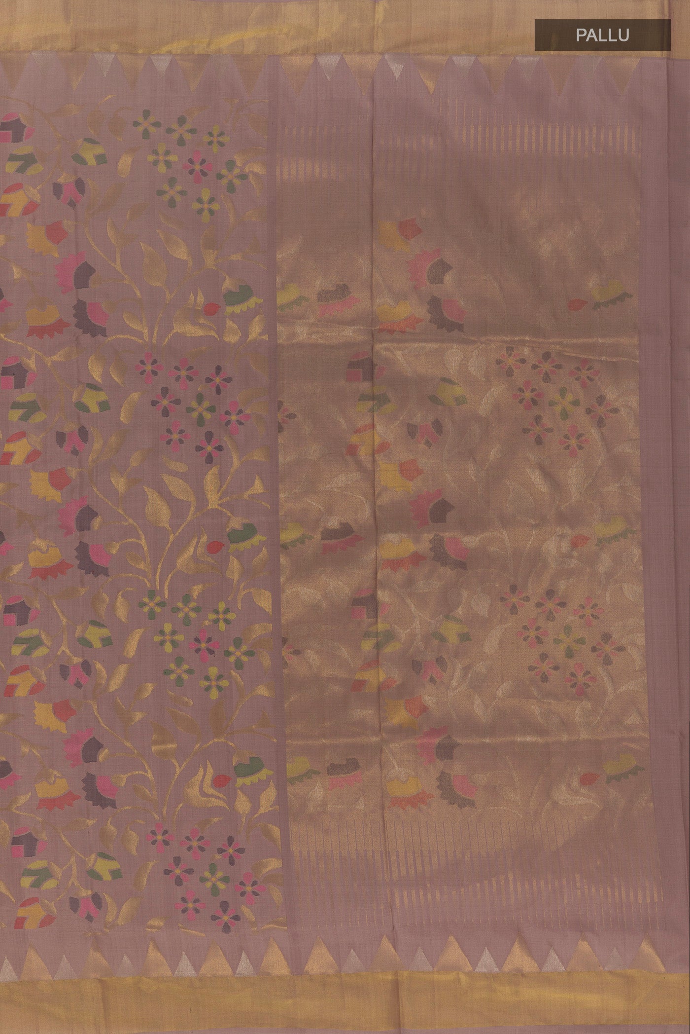 Close up image of the pallu of Pure Silk Pure Zari Lavender Uppada Saree with Zari Brocade on the body and Zari Border. 