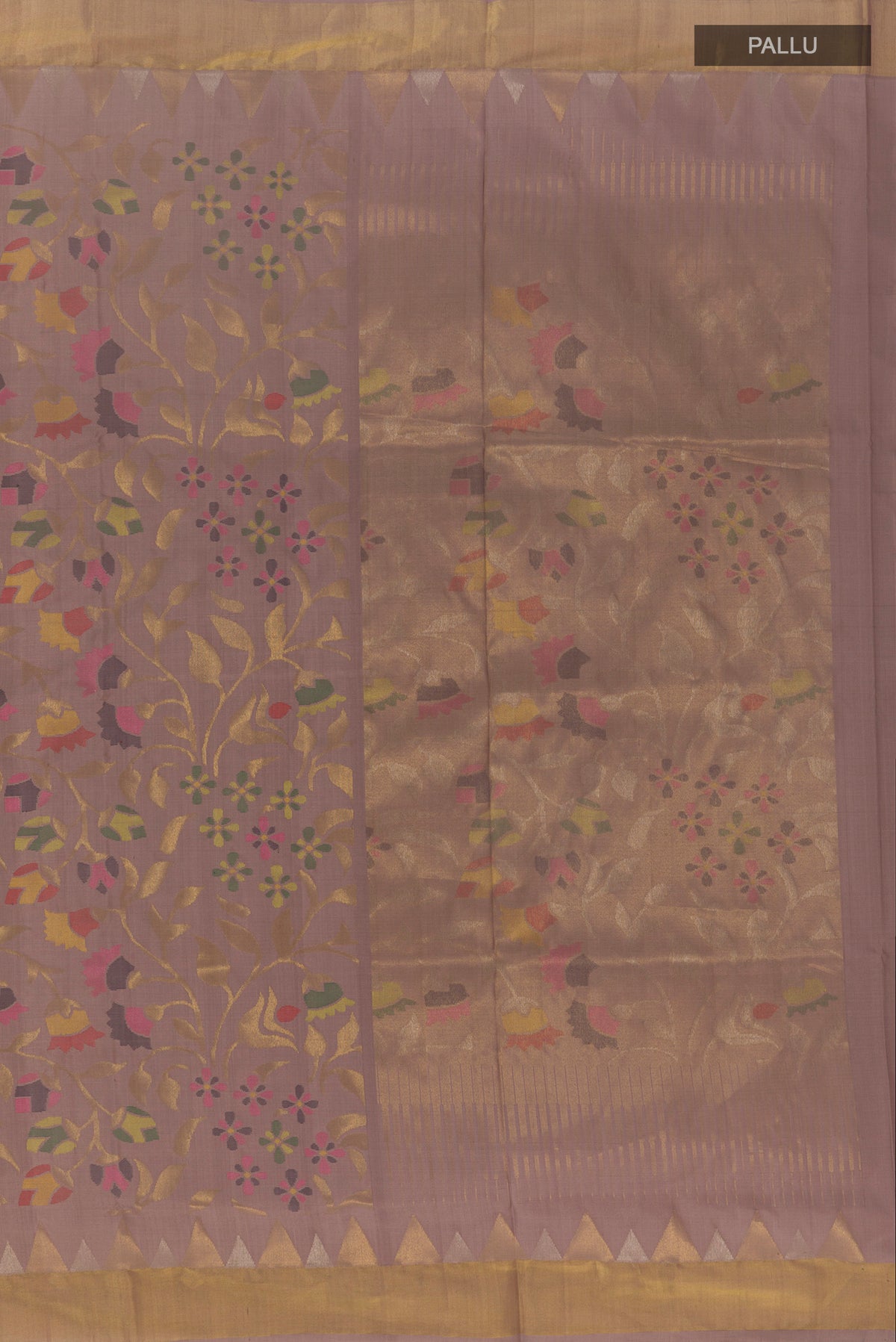 Close up image of the pallu of Pure Silk Pure Zari Lavender Uppada Saree with Zari Brocade on the body and Zari Border. 