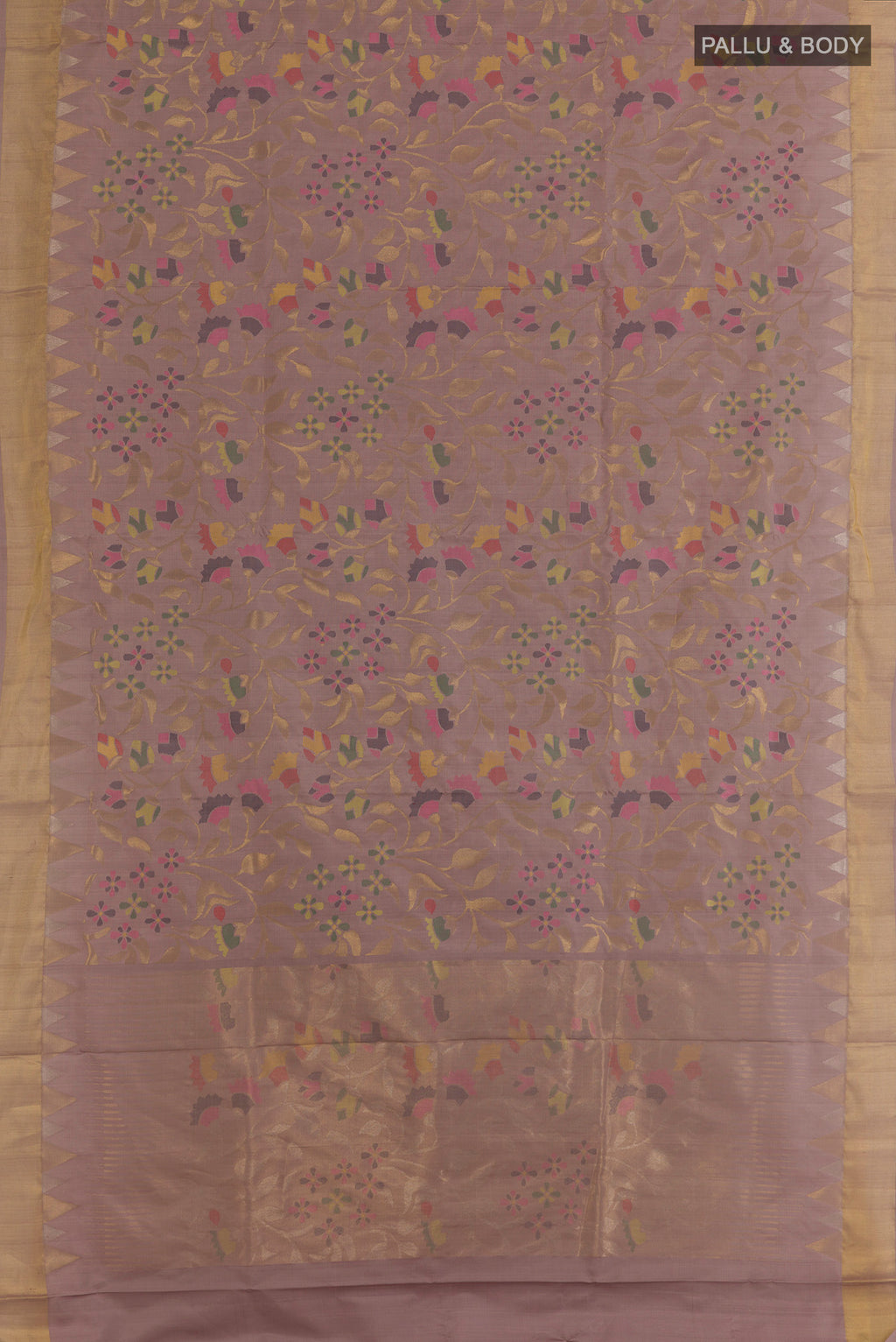 Flat view of Pure Silk Pure Zari Lavender Uppada Saree with Zari Brocade on the body and Zari Border. 