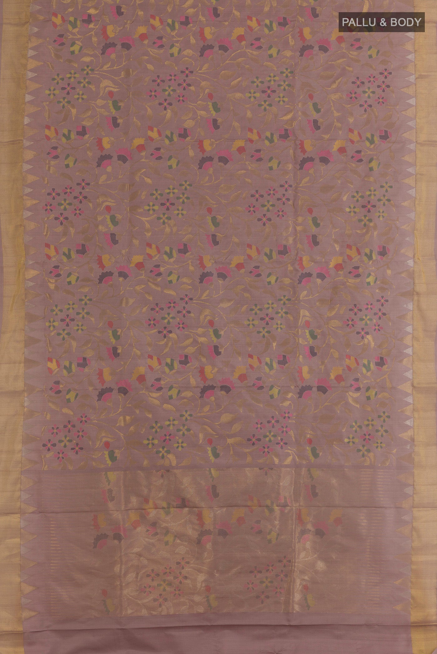 Flat view of Pure Silk Pure Zari Lavender Uppada Saree with Zari Brocade on the body and Zari Border. 