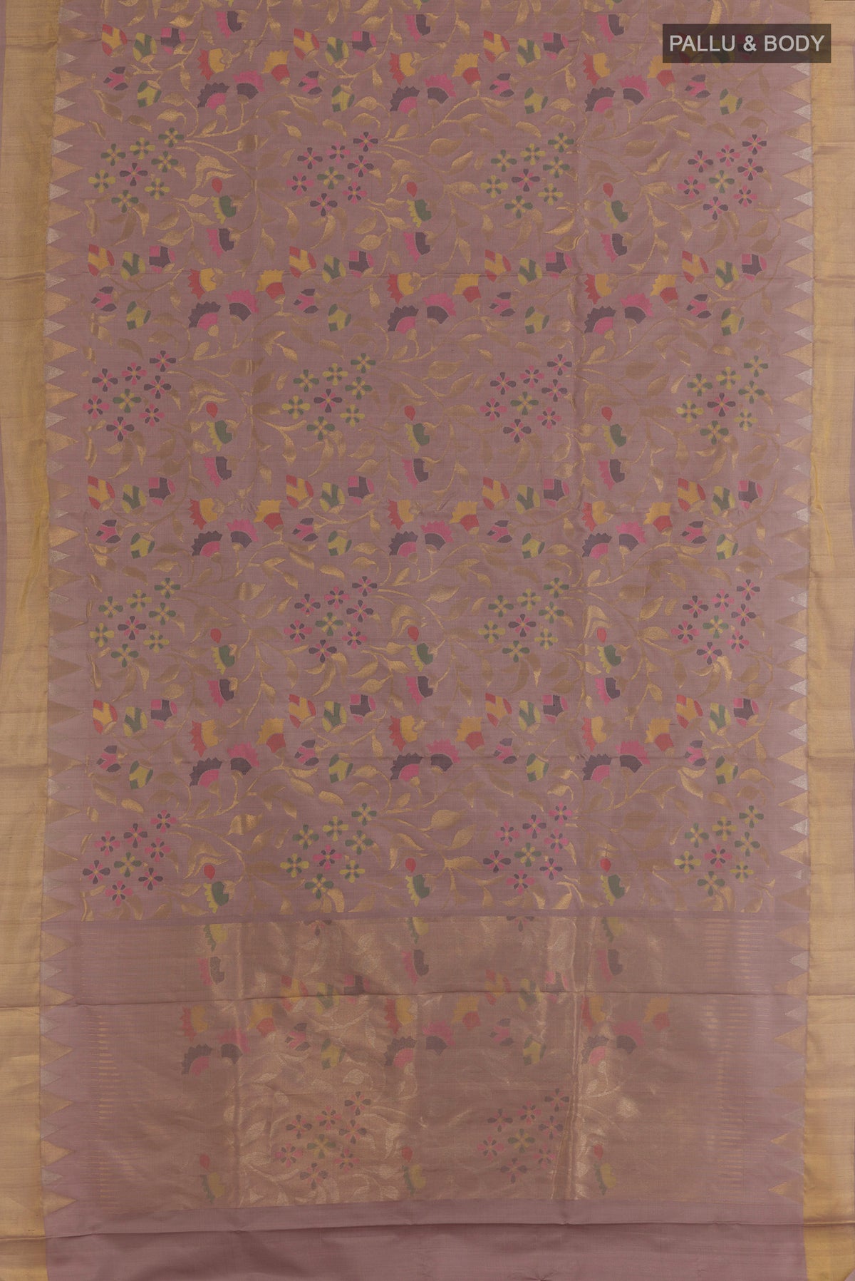 Flat view of Pure Silk Pure Zari Lavender Uppada Saree with Zari Brocade on the body and Zari Border. 