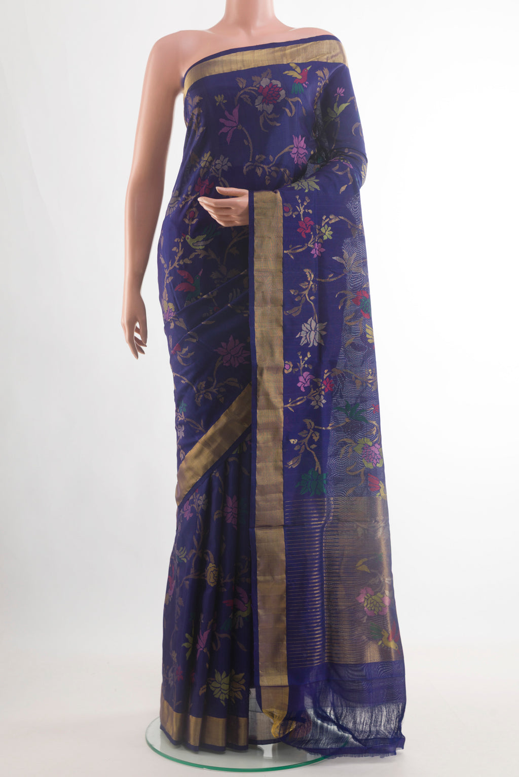 Pure Silk Pure Zari Navy Blue Uppada Saree with Zari Brocade on the body and Zari Border.  displayed on a mannequin