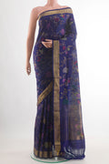 Pure Silk Pure Zari Navy Blue Uppada Saree with Zari Brocade on the body and Zari Border.  displayed on a mannequin