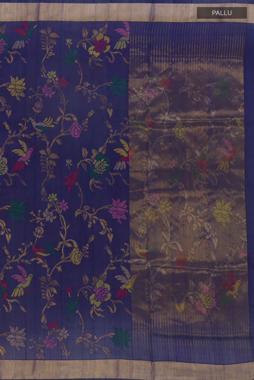 Close up image of the pallu of Pure Silk Pure Zari Navy Blue Uppada Saree with Zari Brocade on the body and Zari Border. 