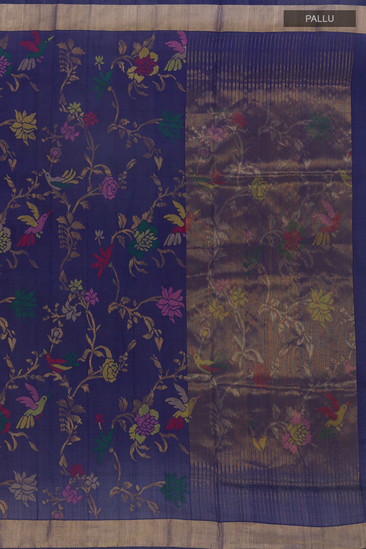 Close up image of the pallu of Pure Silk Pure Zari Navy Blue Uppada Saree with Zari Brocade on the body and Zari Border. 