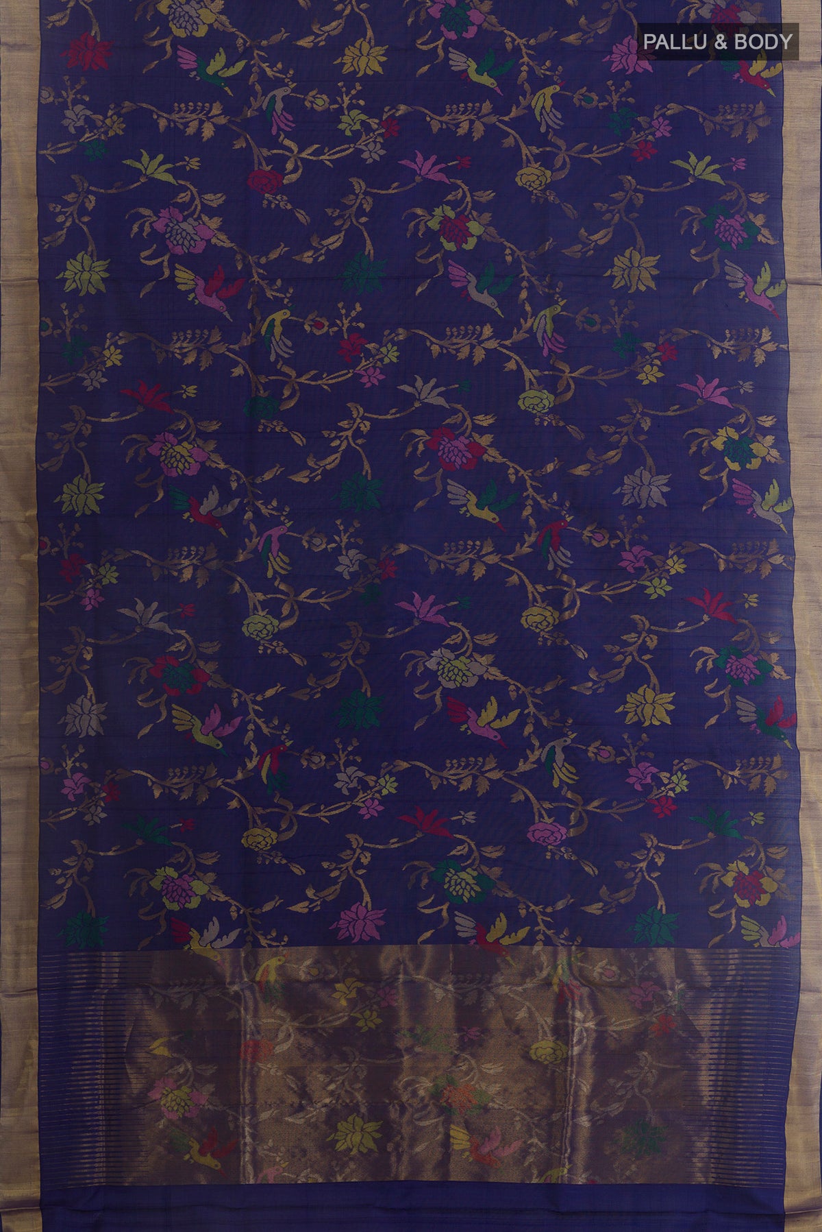 Flat view of Pure Silk Pure Zari Navy Blue Uppada Saree with Zari Brocade on the body and Zari Border. 