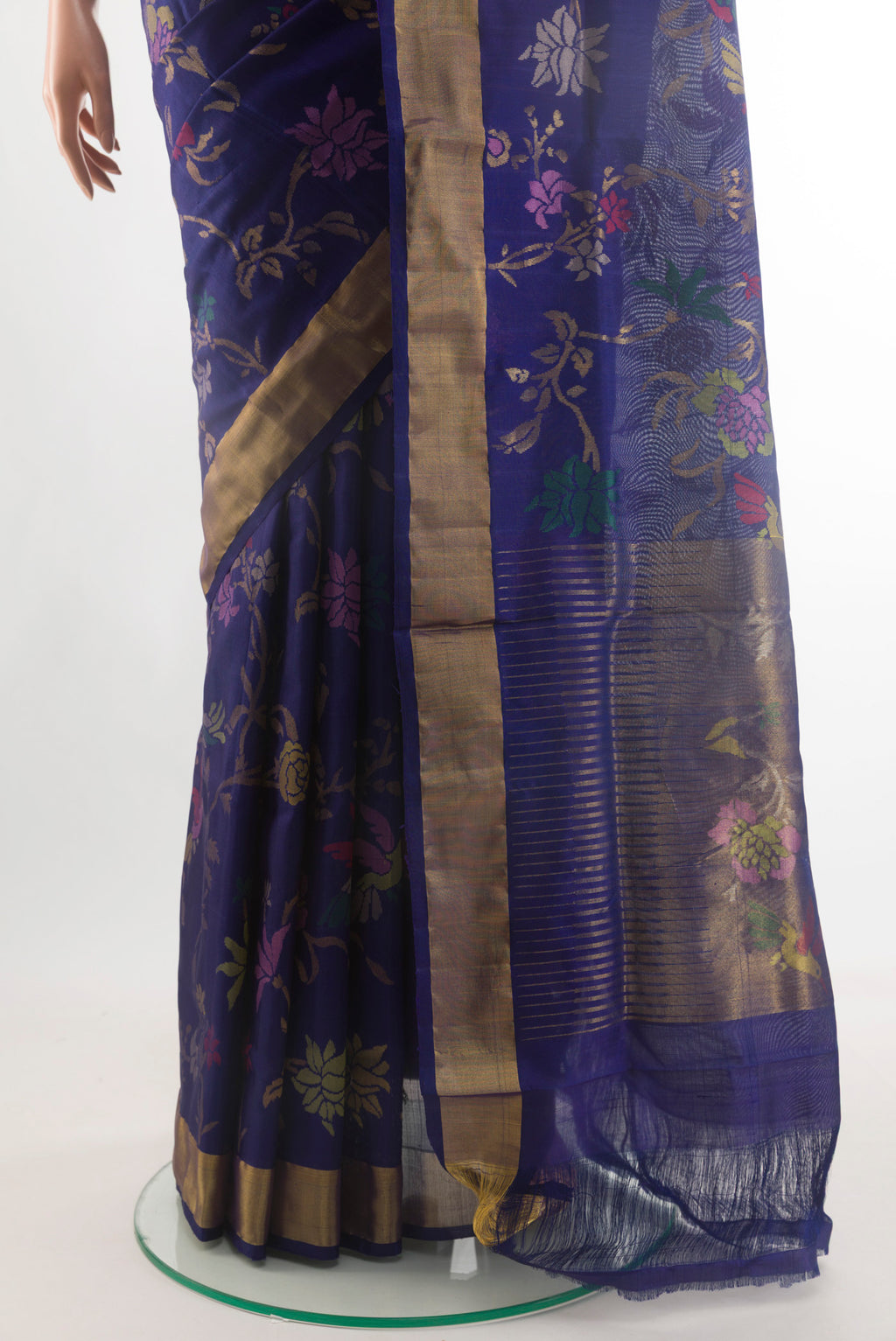 Pleats and pallu of Pure Silk Pure Zari Navy Blue Uppada Saree with Zari Brocade on the body and Zari Border. 