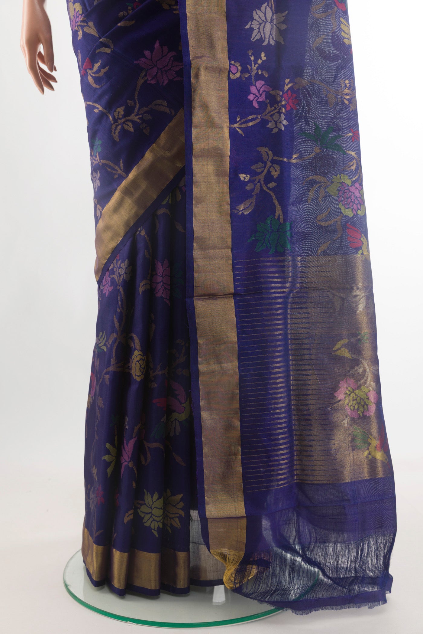 Pleats and pallu of Pure Silk Pure Zari Navy Blue Uppada Saree with Zari Brocade on the body and Zari Border. 