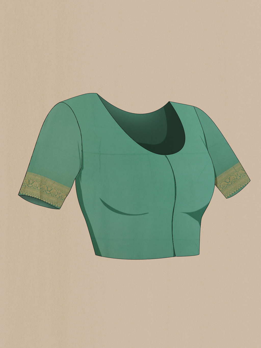 Close up image of the blouse of Mint Green Banarasi Georgette Saree with Zari Butta on the body and Zari Border. 