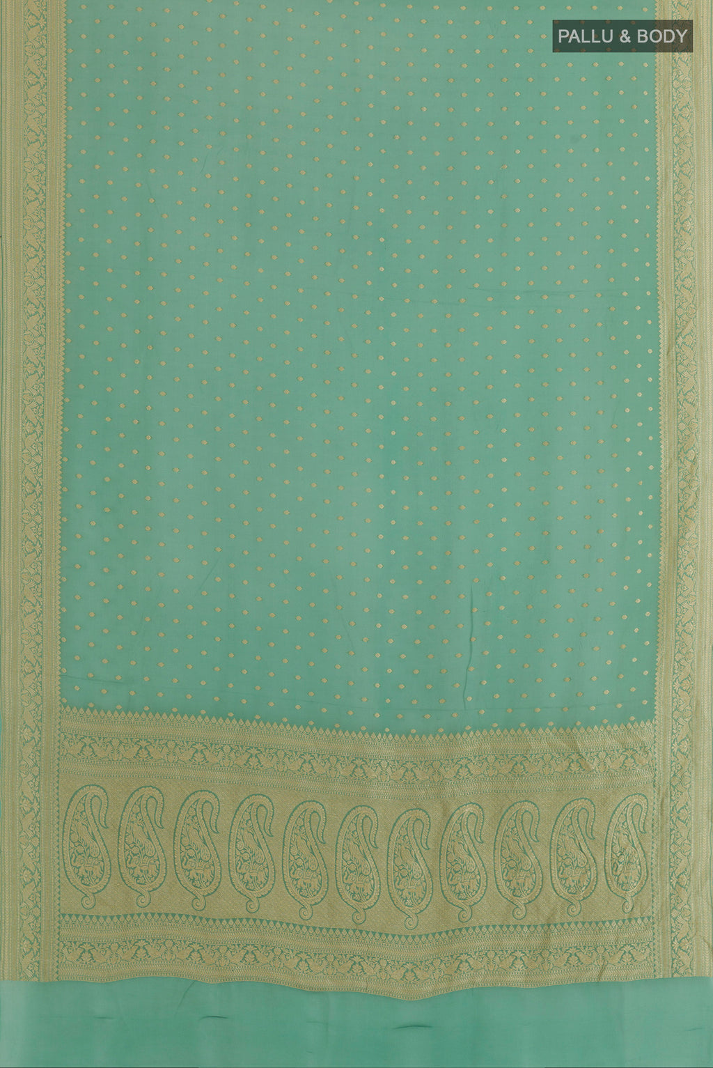 Flat view of Mint Green Banarasi Georgette Saree with Zari Butta on the body and Zari Border. 