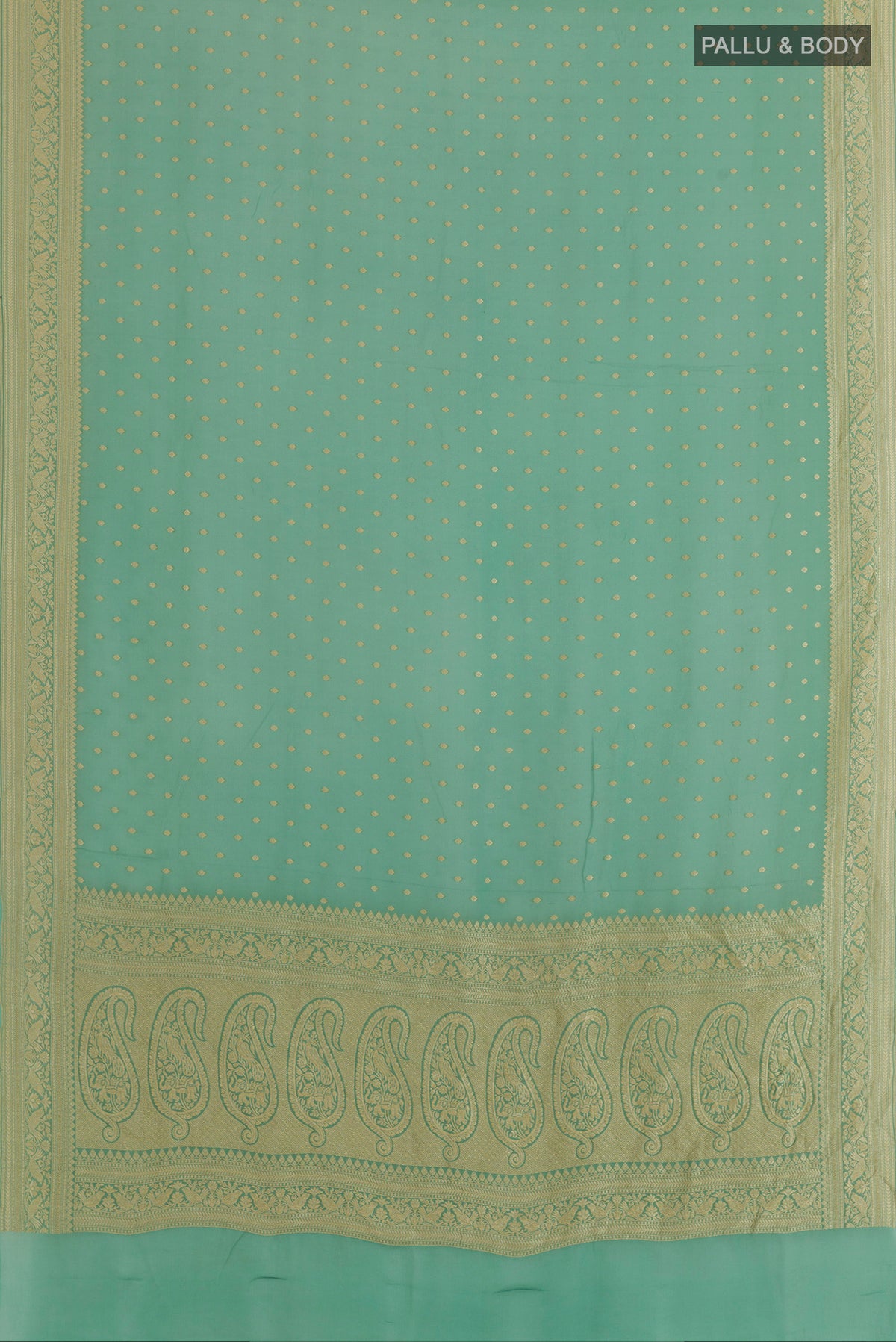 Flat view of Mint Green Banarasi Georgette Saree with Zari Butta on the body and Zari Border. 