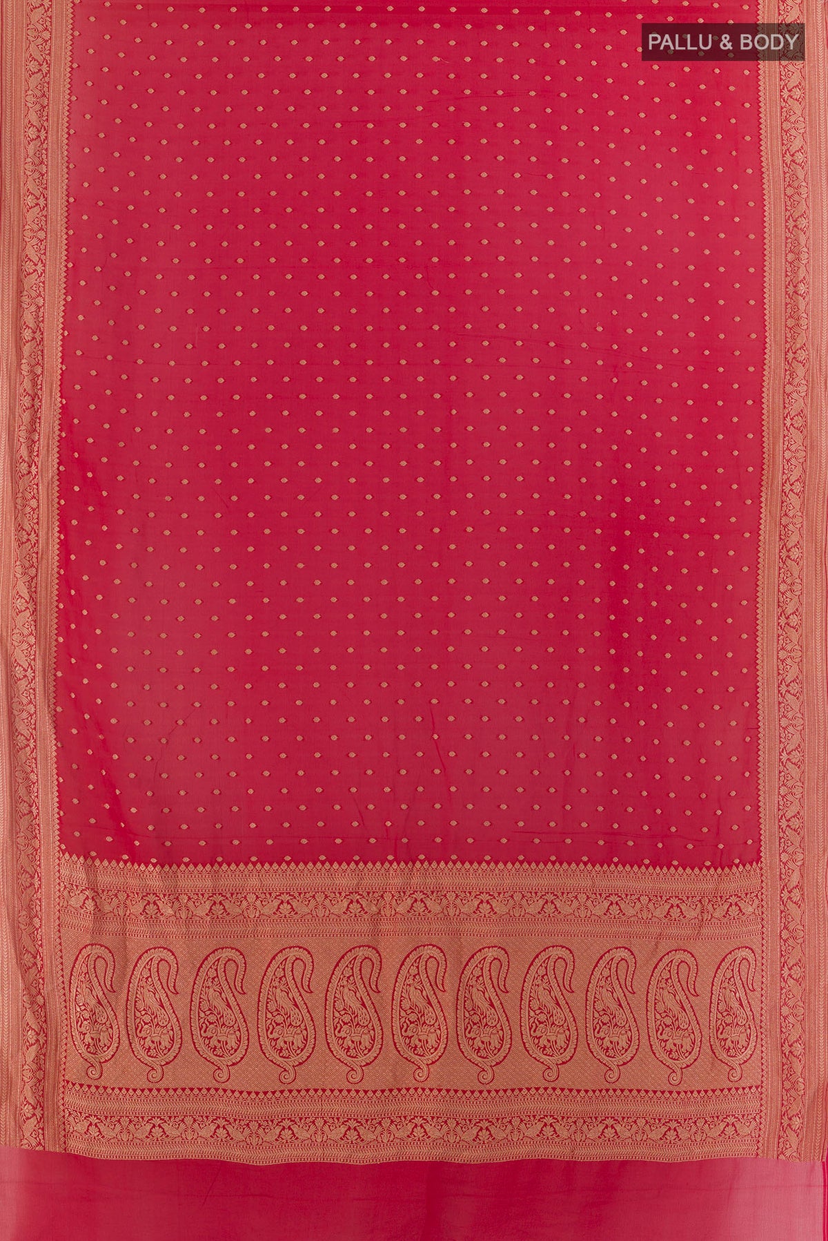 Flat view of Red Banarasi Georgette Saree with Zari Butta on the body and Zari Border. 