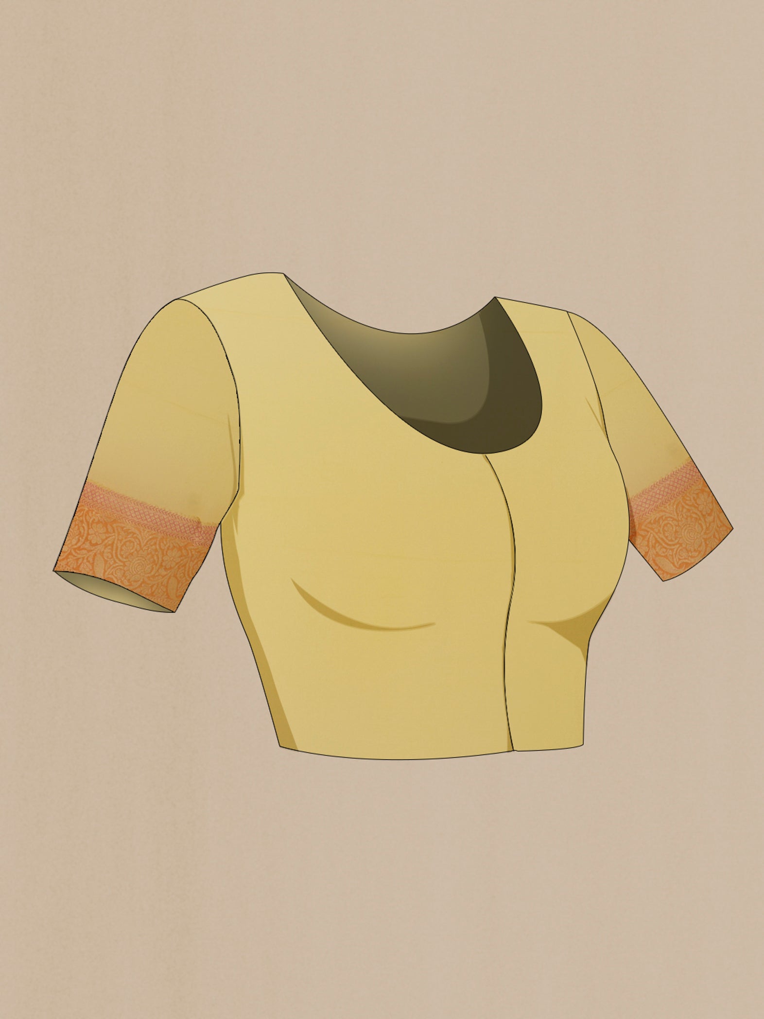Close up image of the blouse of Yellow Banarasi Georgette Saree with Zari Brocade on the body and Zari Border. 