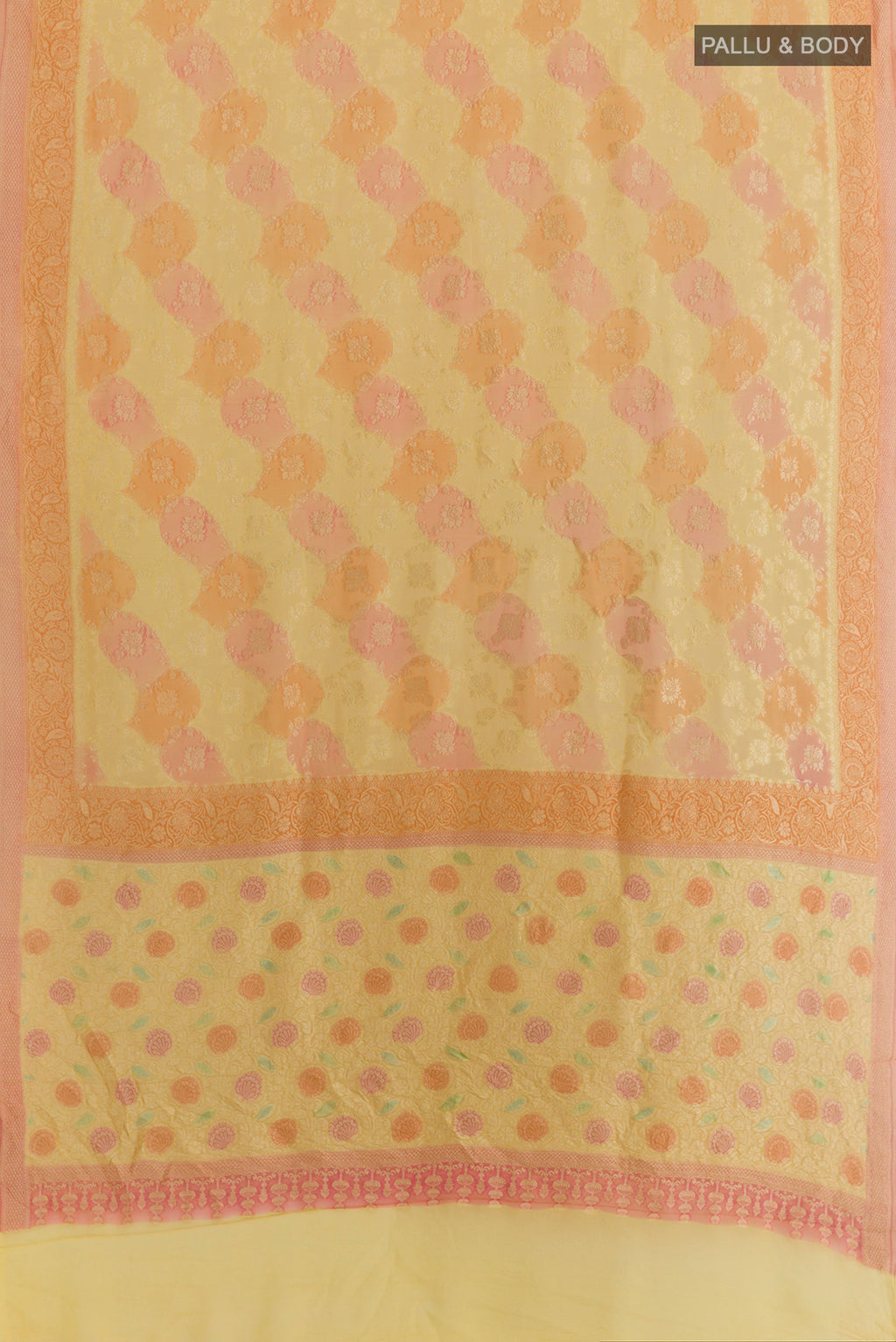 Flat view of Yellow Banarasi Georgette Saree with Zari Brocade on the body and Zari Border. 