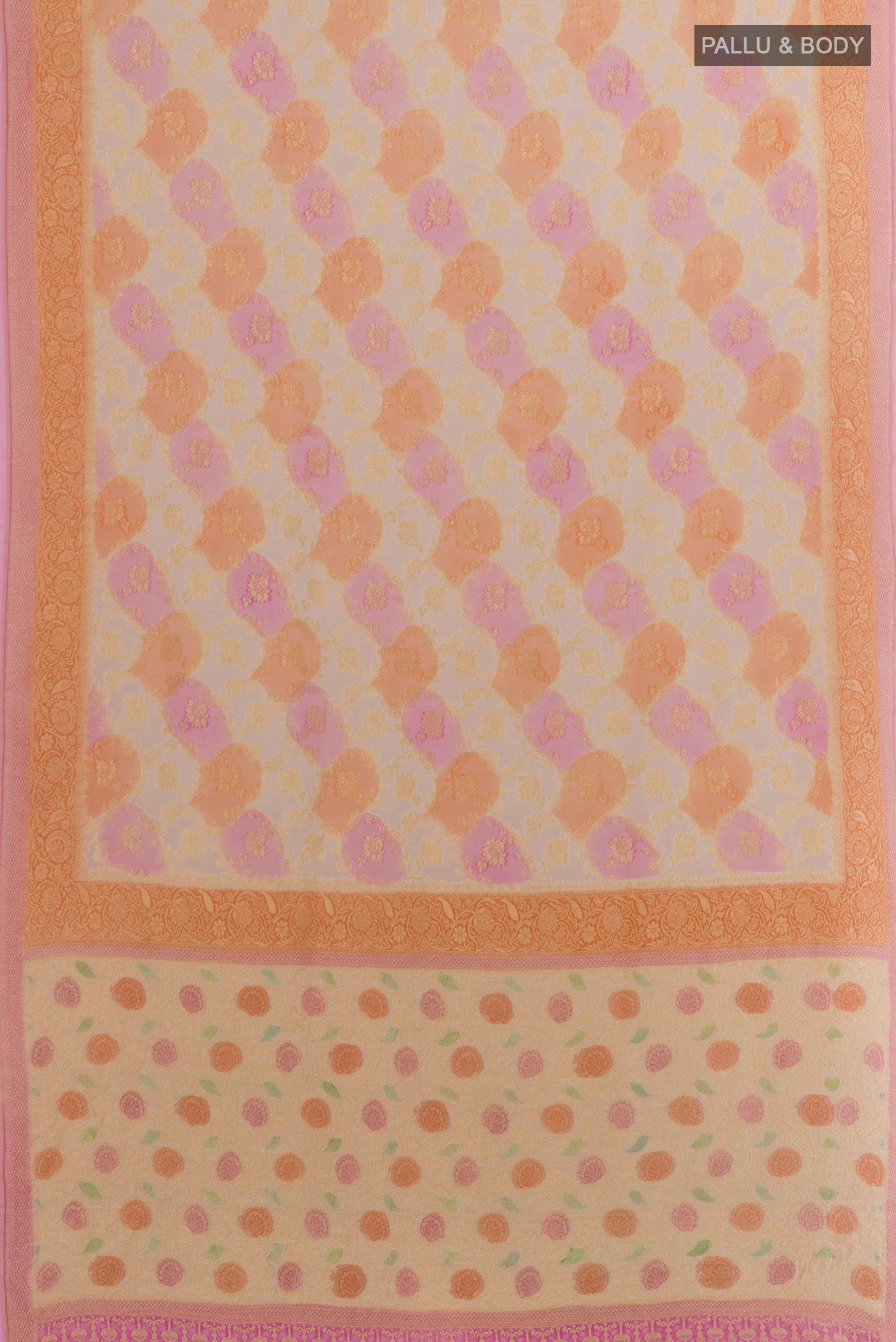 Flat view of Multi Color Banarasi Georgette Saree with Zari Brocade on the body and Zari Border. 