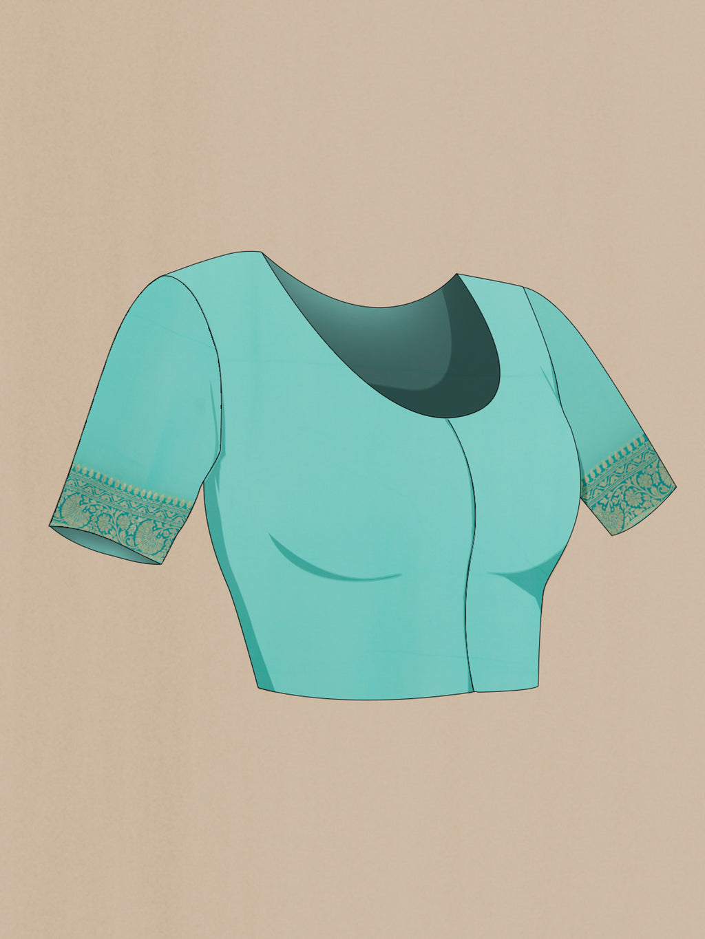 Close up image of the blouse of Blue Banarasi Georgette Saree with Zari Brocade on the body and Zari Border. 