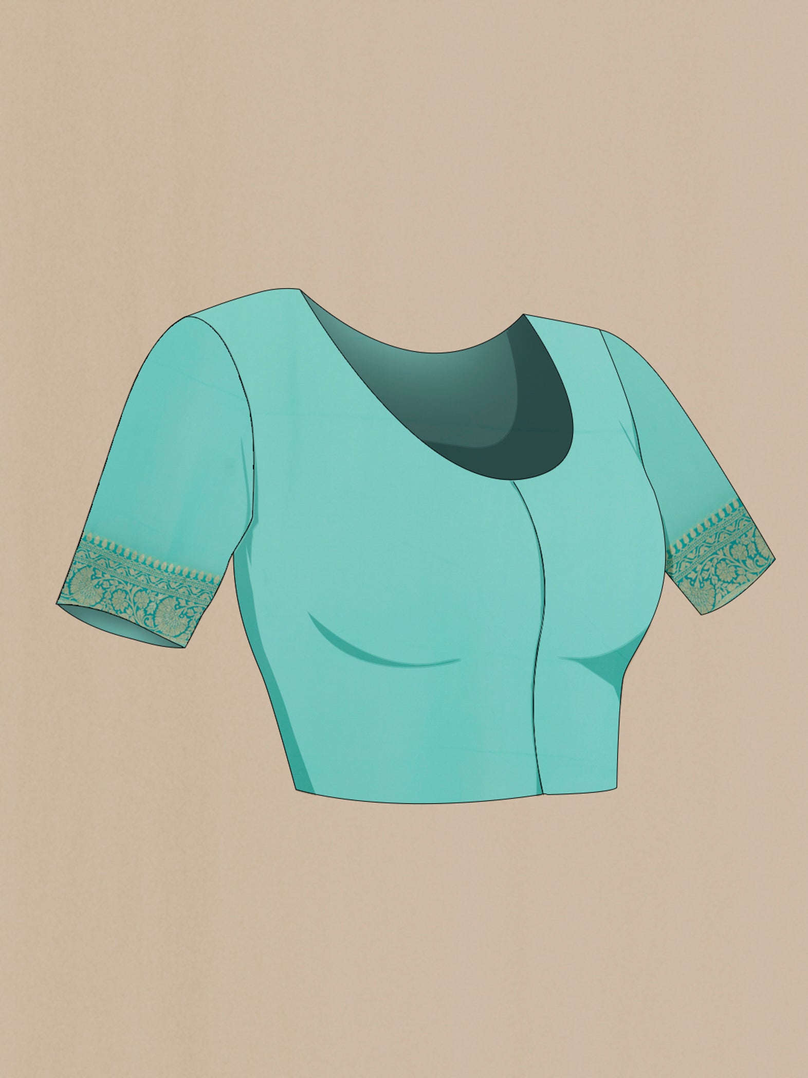 Close up image of the blouse of Blue Banarasi Georgette Saree with Zari Brocade on the body and Zari Border. 