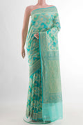 Blue Banarasi Georgette Saree with Zari Brocade on the body and Zari Border.  displayed on a mannequin