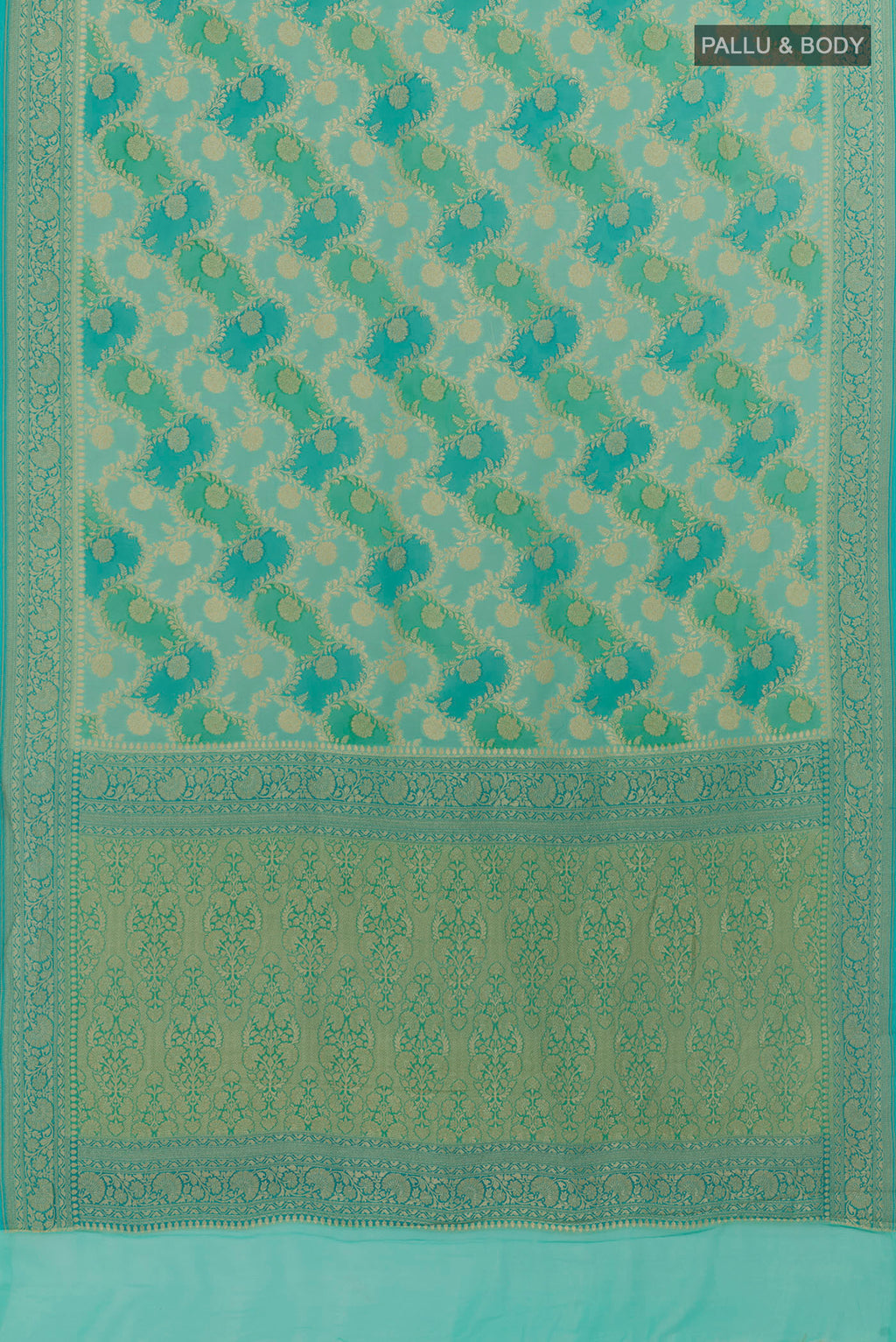 Flat view of Blue Banarasi Georgette Saree with Zari Brocade on the body and Zari Border. 
