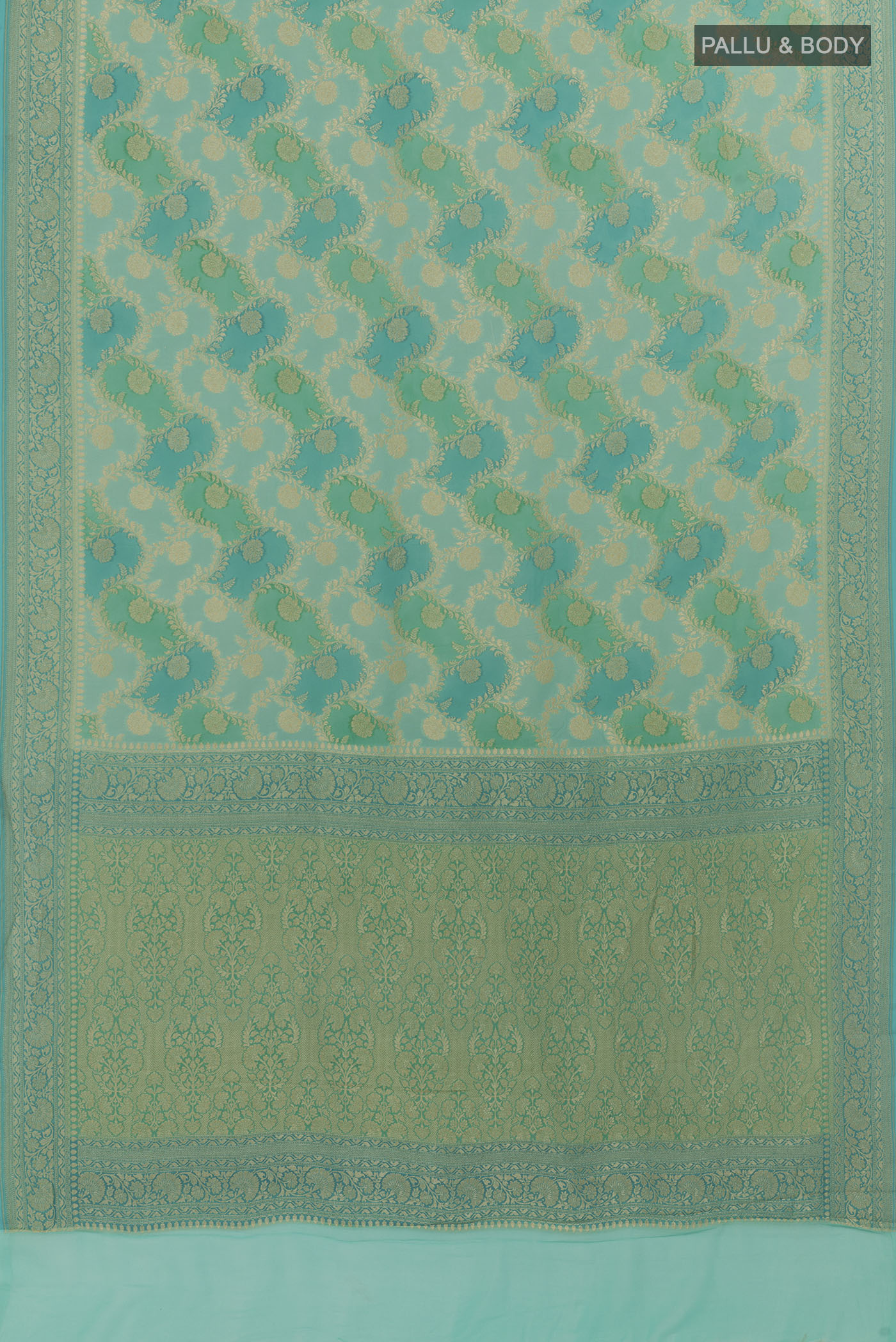 Flat view of Blue Banarasi Georgette Saree with Zari Brocade on the body and Zari Border. 