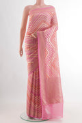Pink Banarasi Georgette Saree with Zari Brocade on the body and Zari Border.  displayed on a mannequin