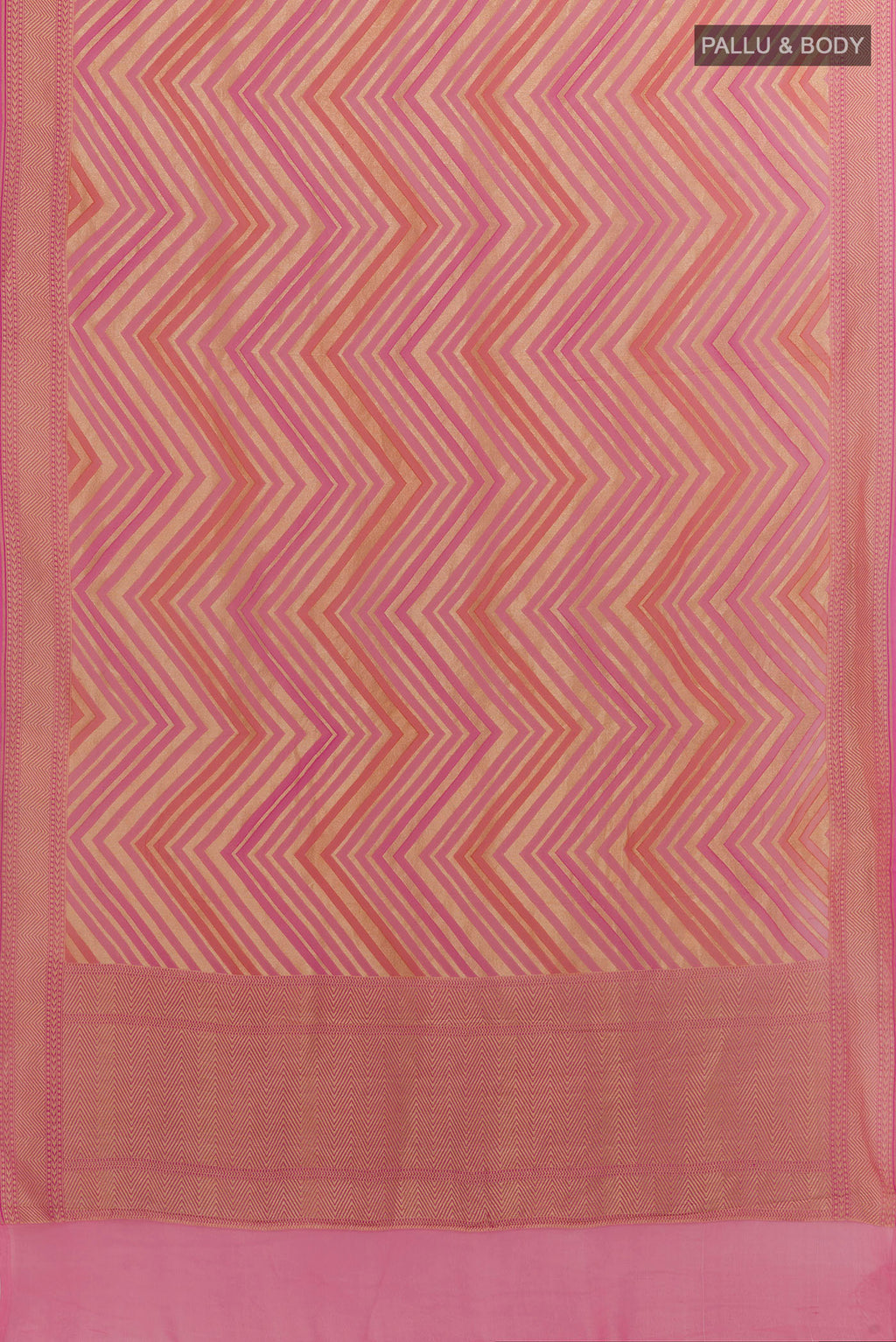 Flat view of Pink Banarasi Georgette Saree with Zari Brocade on the body and Zari Border. 