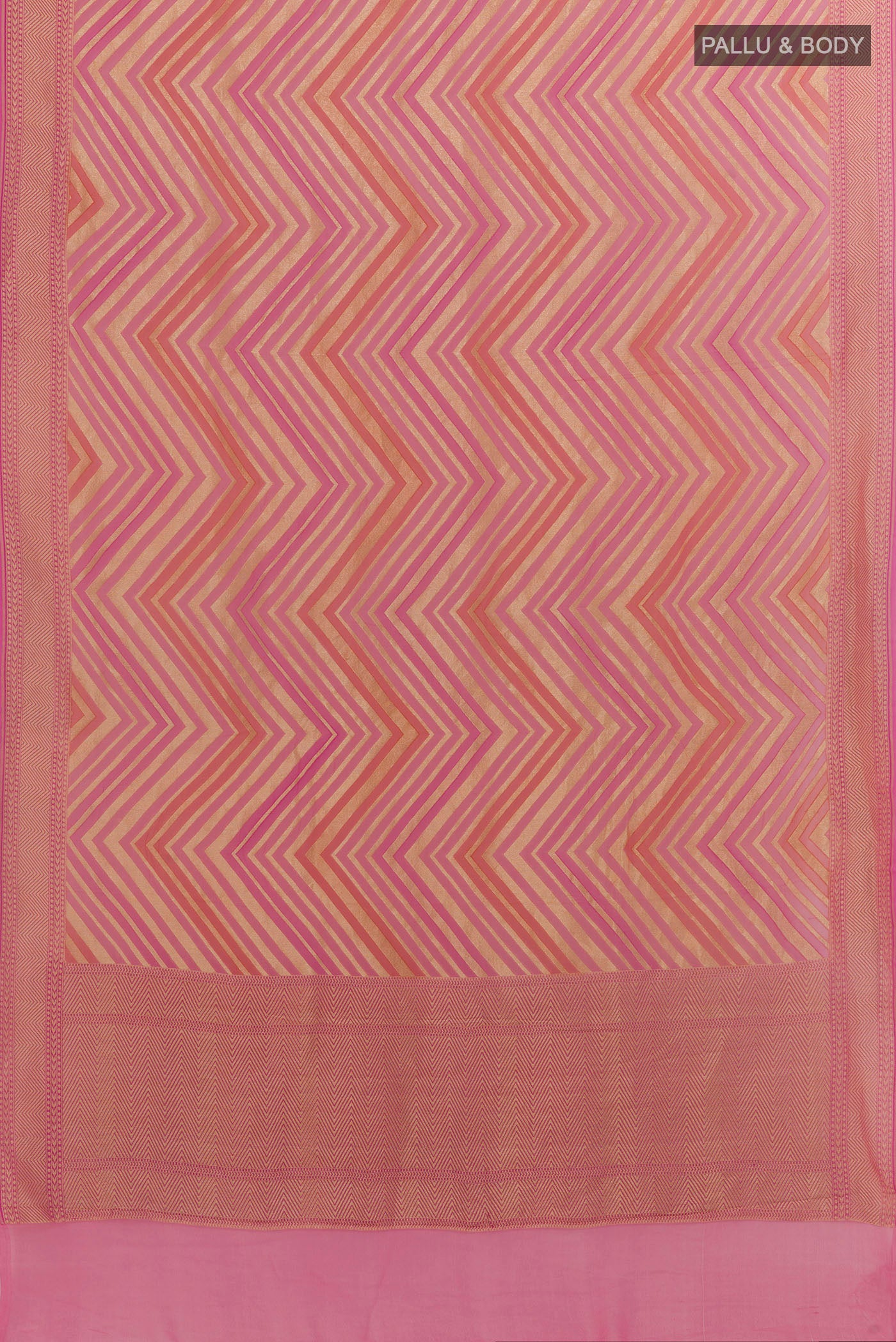 Flat view of Pink Banarasi Georgette Saree with Zari Brocade on the body and Zari Border. 