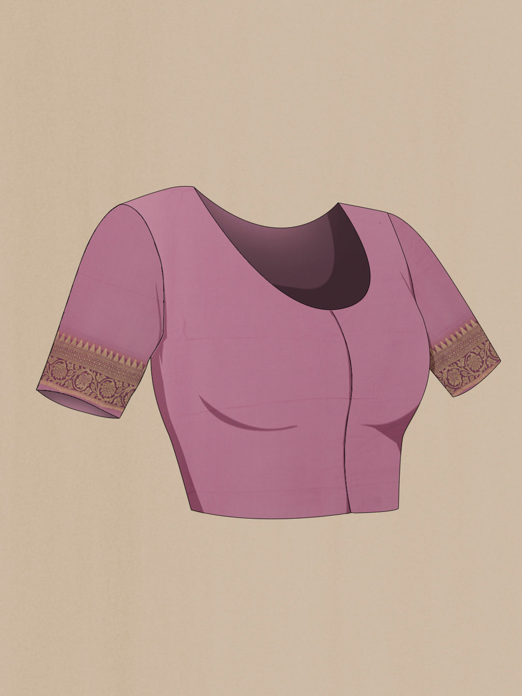 Close up image of the blouse of Lavender Banarasi Georgette Saree with Zari Butta on the body and Zari Border. 