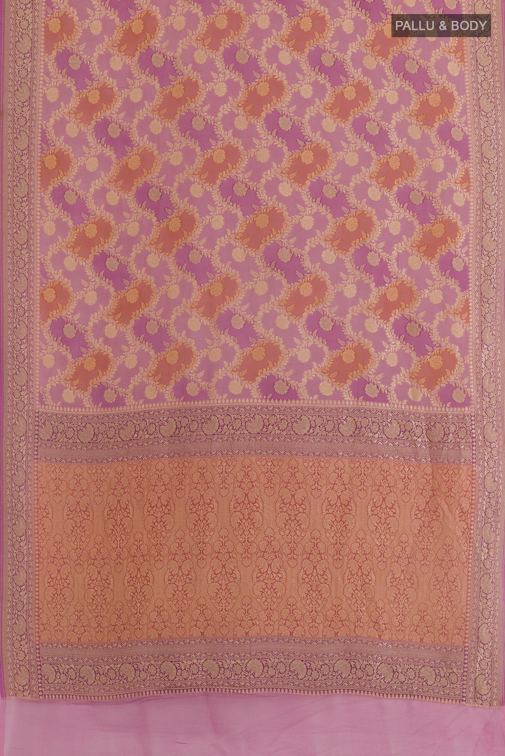 Flat view of Lavender Banarasi Georgette Saree with Zari Butta on the body and Zari Border. 