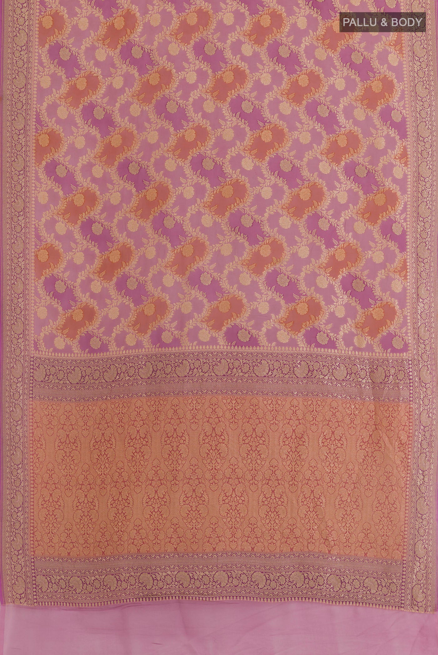 Flat view of Lavender Banarasi Georgette Saree with Zari Butta on the body and Zari Border. 