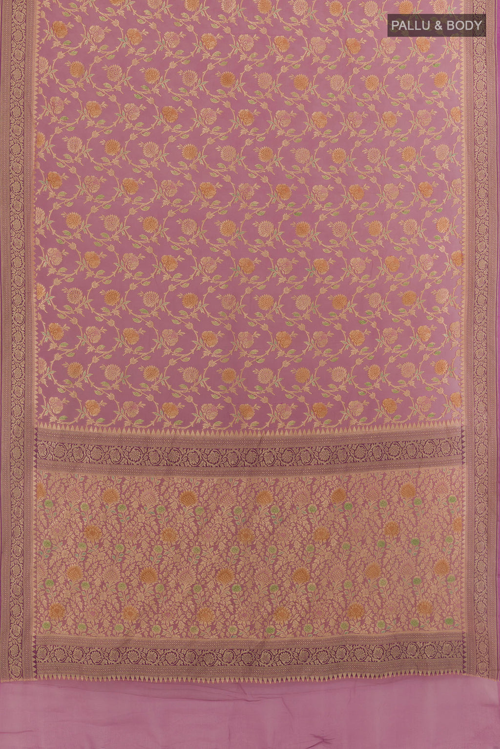 Flat view of Lavender Banarasi Georgette Saree with Zari Brocade on the body and Zari Border. 