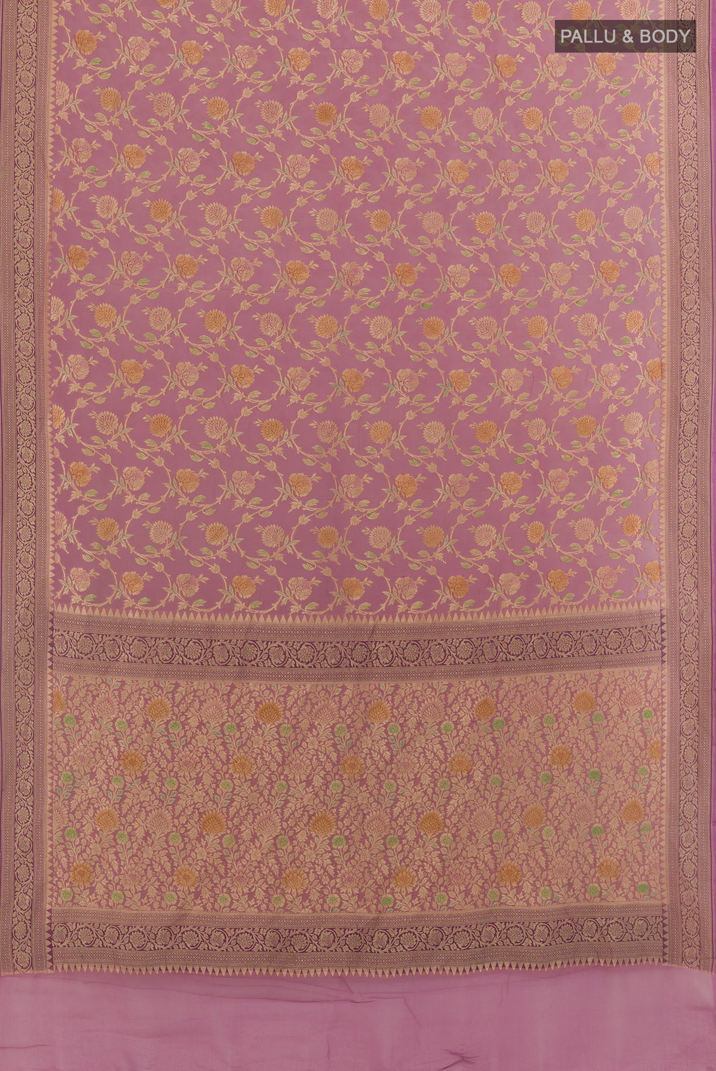 Flat view of Lavender Banarasi Georgette Saree with Zari Brocade on the body and Zari Border. 