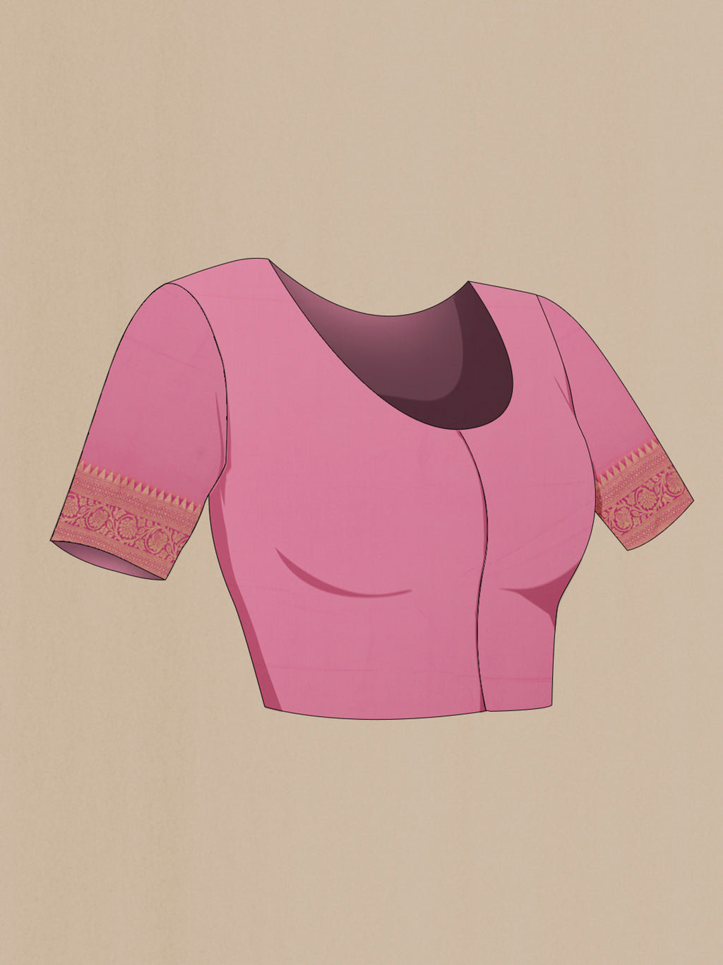 Close up image of the blouse of Pink Banarasi Georgette Saree with Zari Brocade on the body and Zari Border. 
