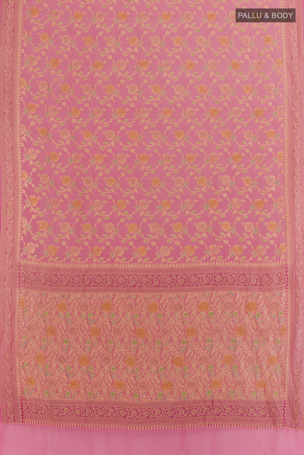 Flat view of Pink Banarasi Georgette Saree with Zari Brocade on the body and Zari Border. 
