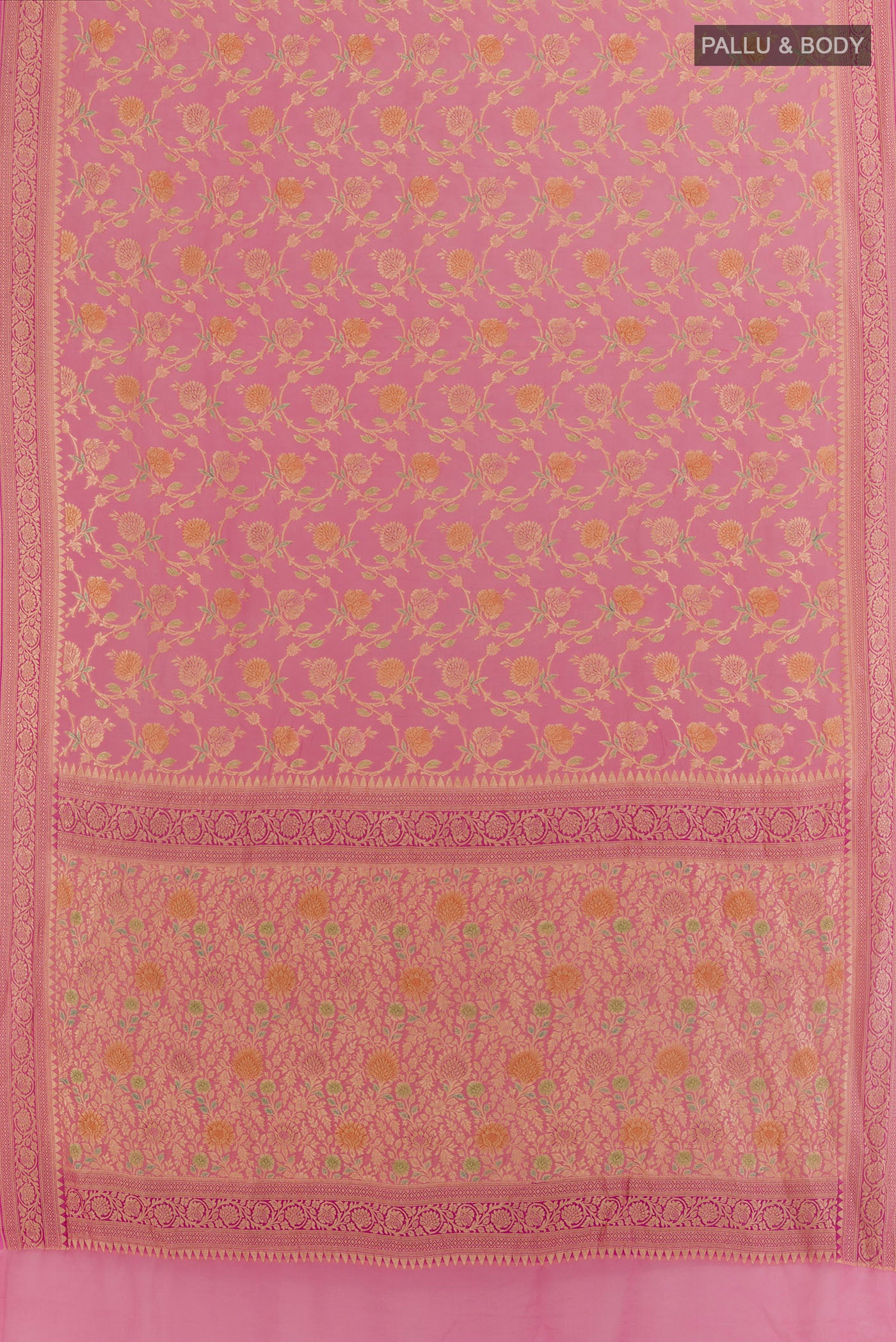 Flat view of Pink Banarasi Georgette Saree with Zari Brocade on the body and Zari Border. 