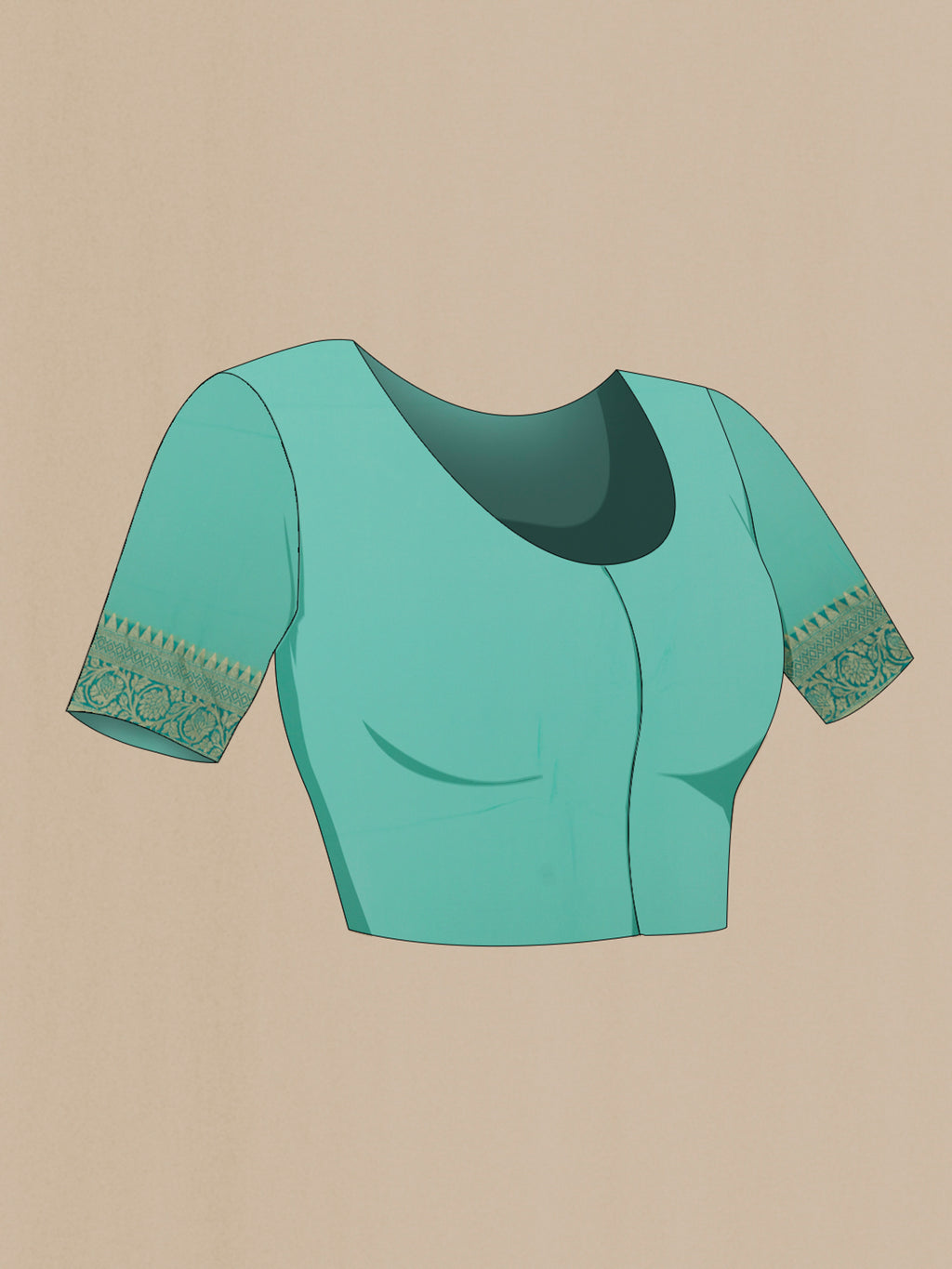 Close up image of the blouse of Turquoise Banarasi Georgette Saree with Zari Brocade on the body and Zari Border. 
