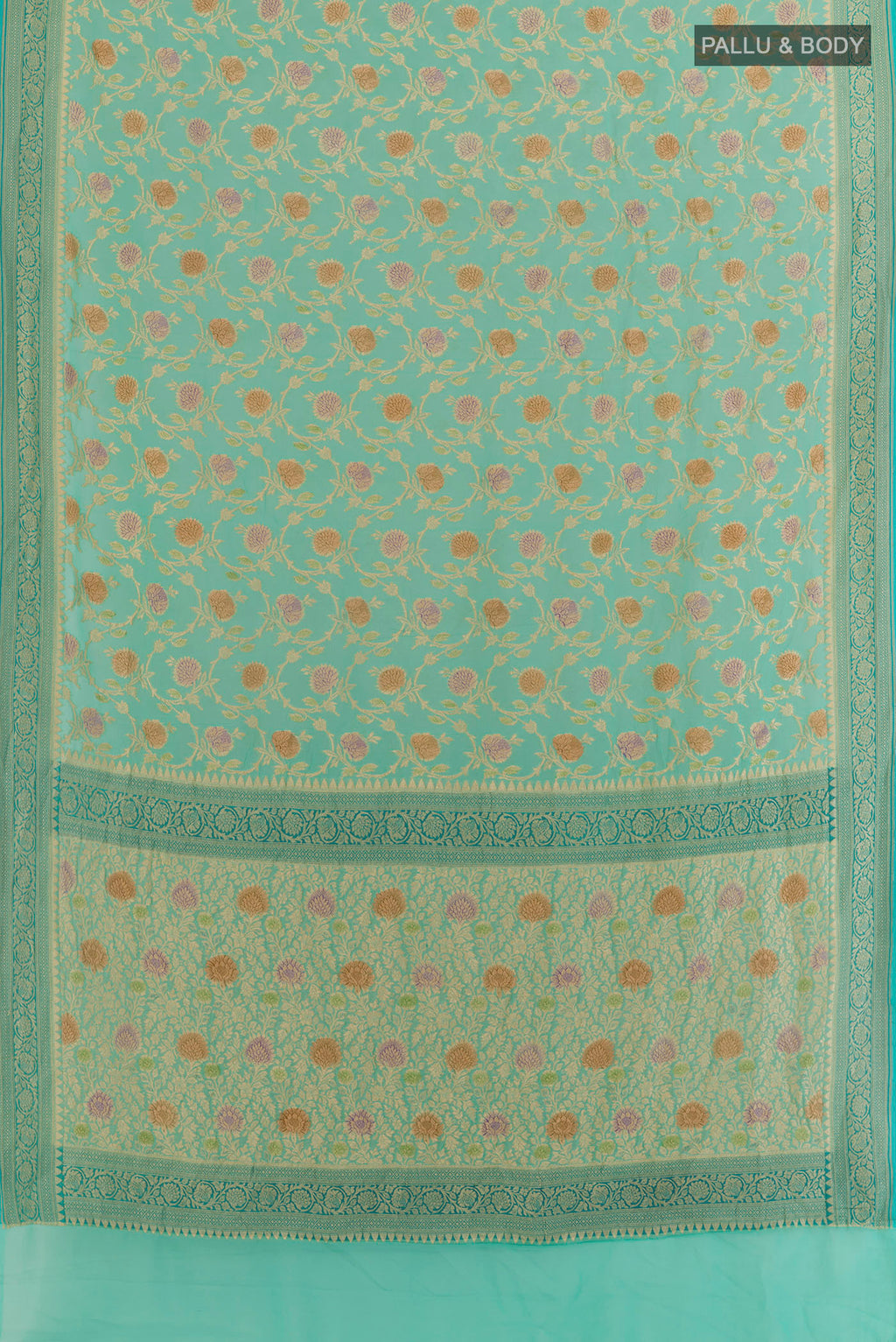 Flat view of Turquoise Banarasi Georgette Saree with Zari Brocade on the body and Zari Border. 