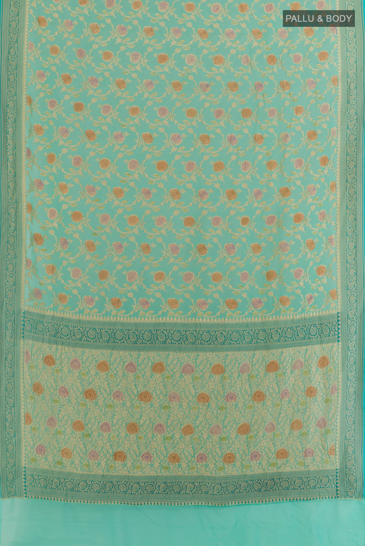 Flat view of Turquoise Banarasi Georgette Saree with Zari Brocade on the body and Zari Border. 