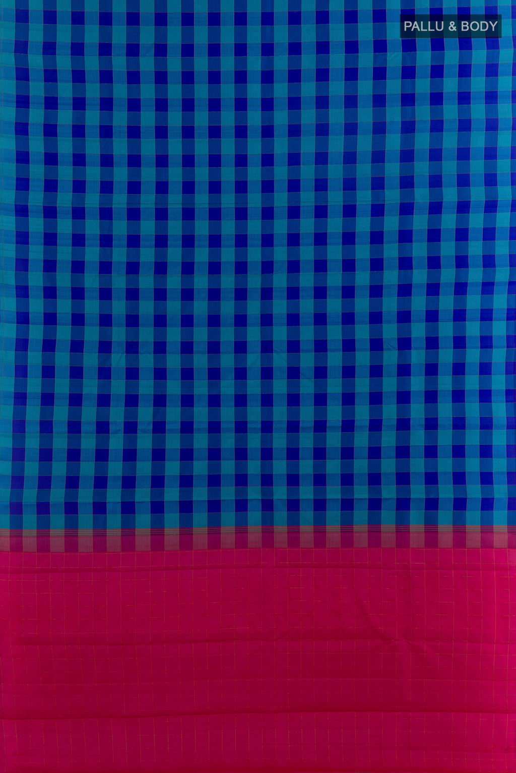 Flat view of Pure Silk Blue Kanchipuram Saree with Checked design on the body and Without Border. 