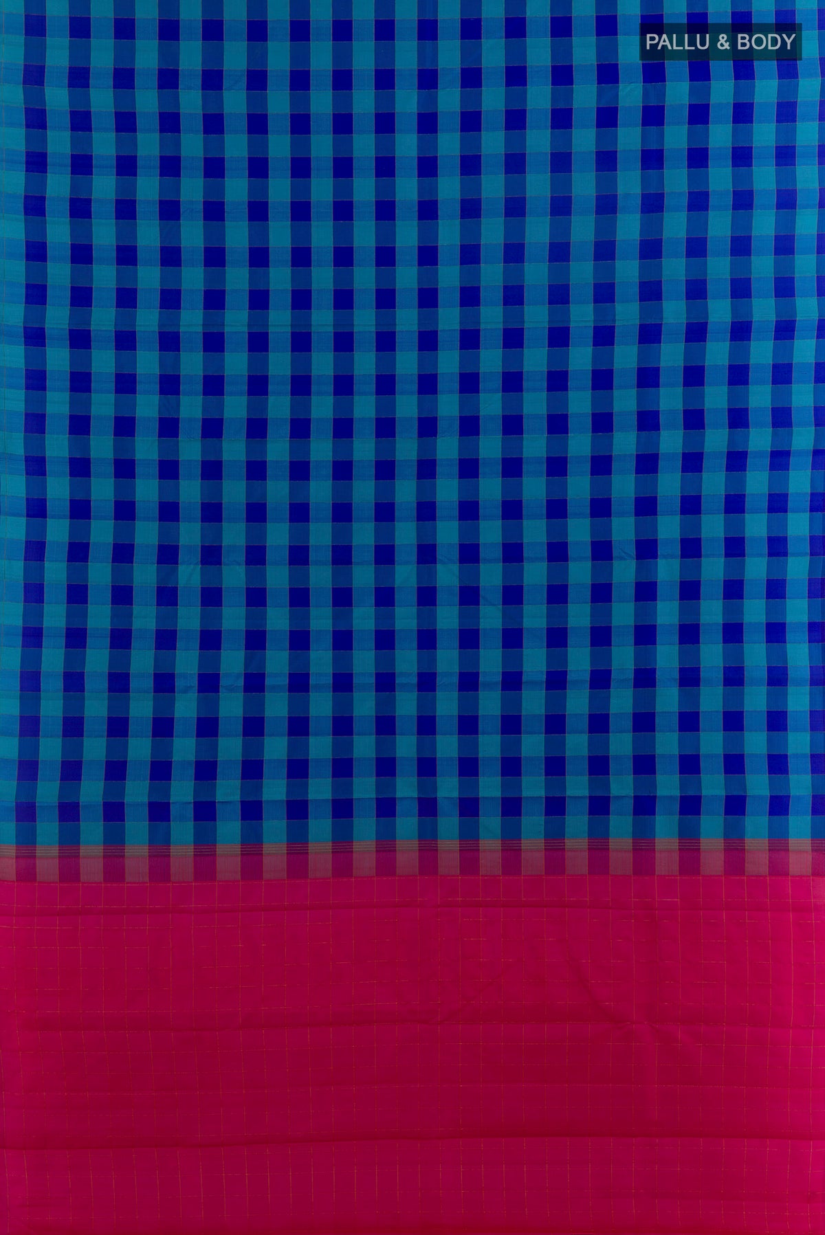 Flat view of Pure Silk Blue Kanchipuram Saree with Checked design on the body and Without Border. 