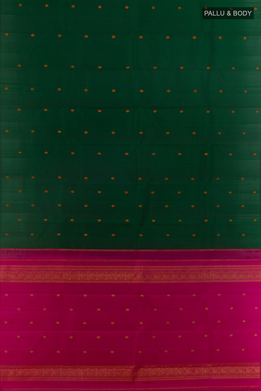 Flat view of Bottle Green Kanchipuram Silk Saree with Thread Butta on the body and Without Border. 