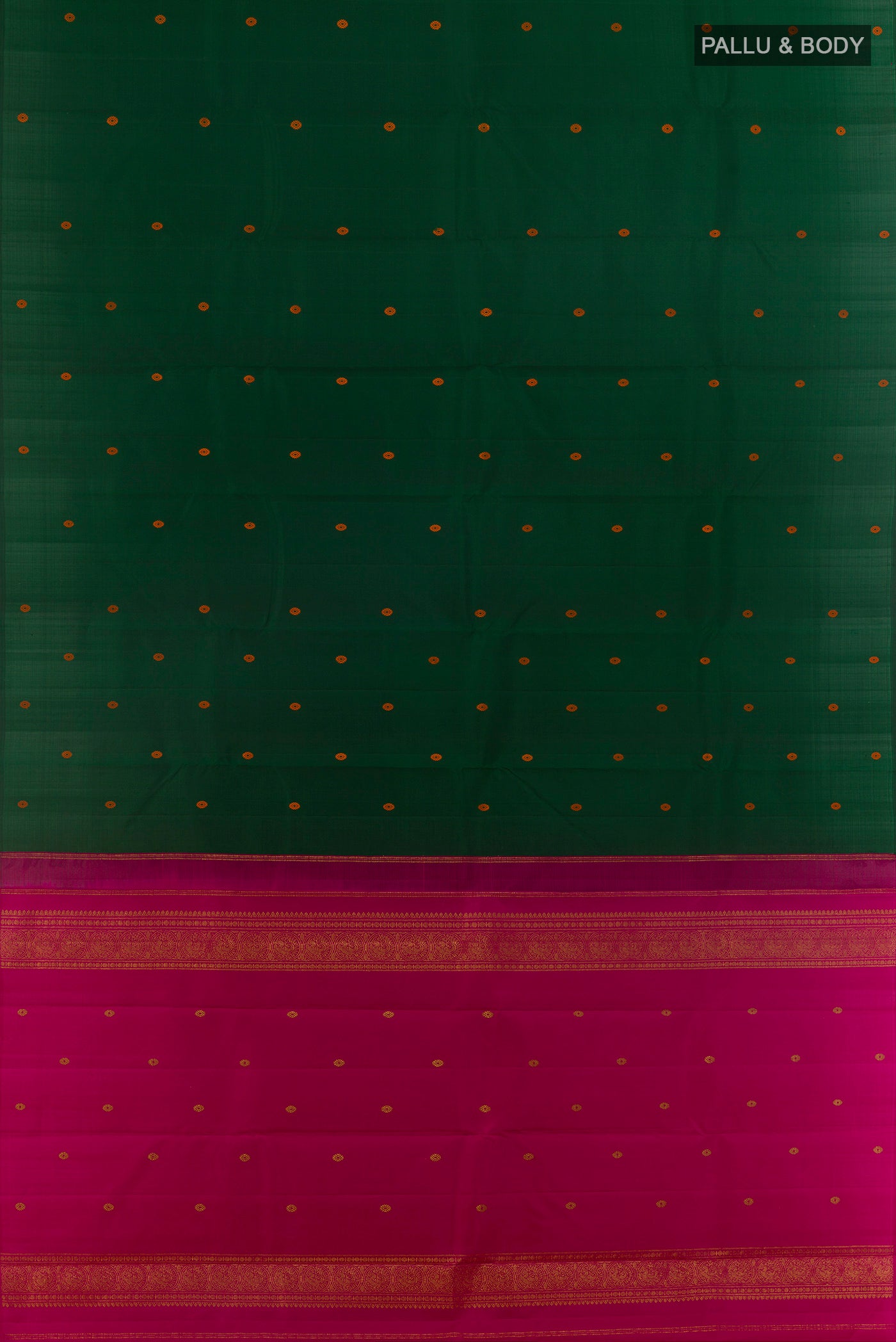 Flat view of Bottle Green Kanchipuram Silk Saree with Thread Butta on the body and Without Border. 