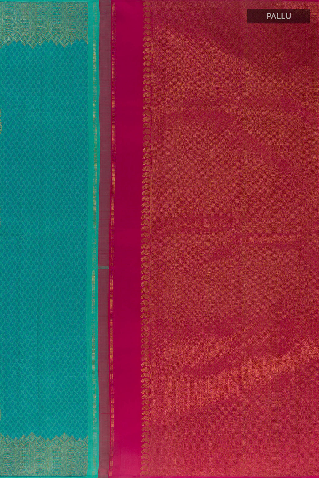 Close up image of the pallu of Pure Silk Turquoise Kanchipuram Saree with Jacquard With Zari Butta on the body and Zari Border. 