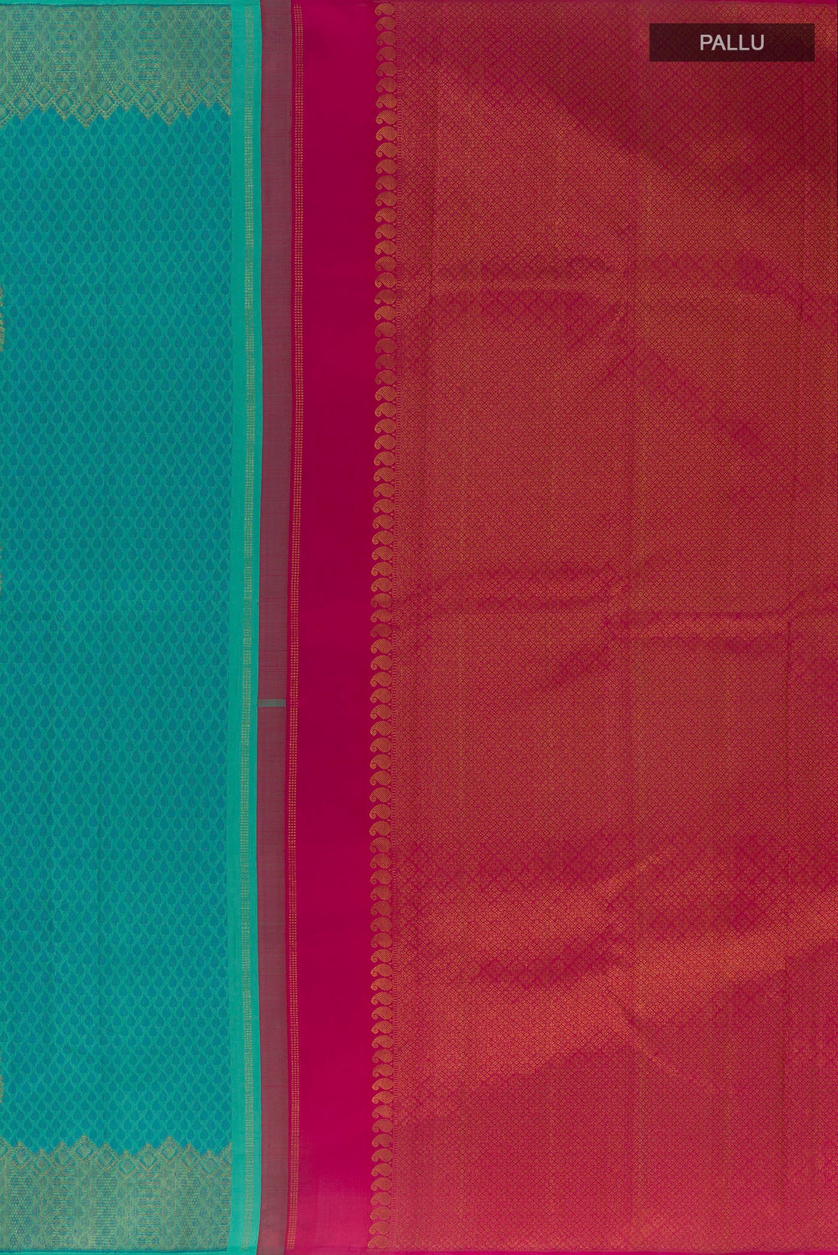 Close up image of the pallu of Pure Silk Turquoise Kanchipuram Saree with Jacquard With Zari Butta on the body and Zari Border. 