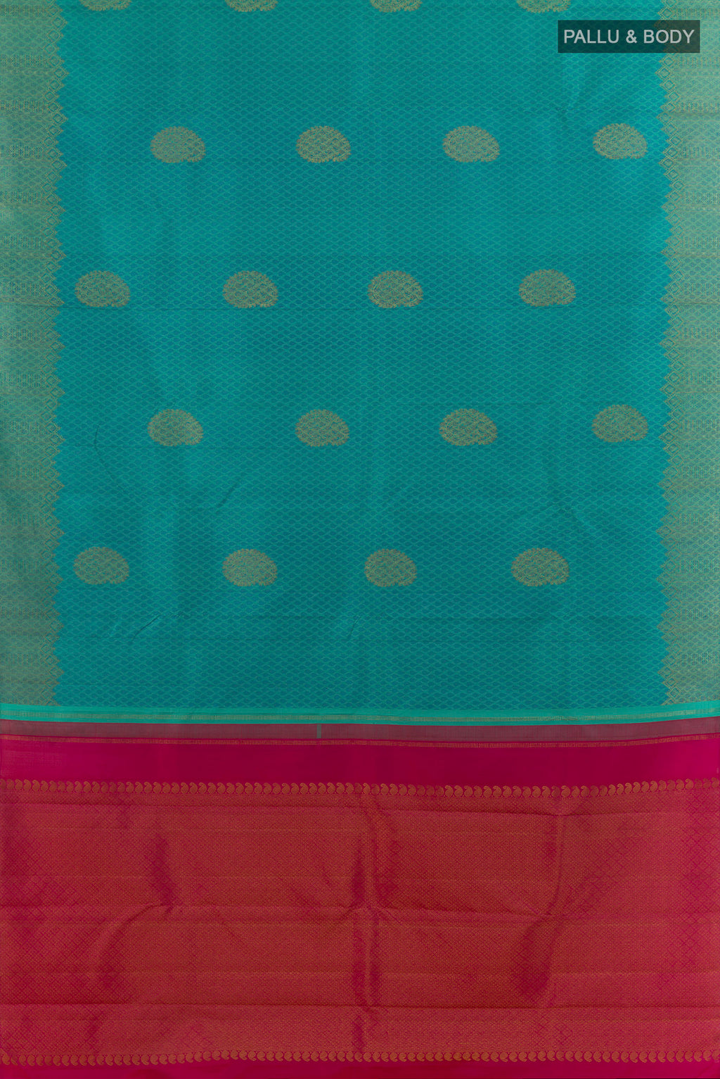 Flat view of Pure Silk Turquoise Kanchipuram Saree with Jacquard With Zari Butta on the body and Zari Border. 