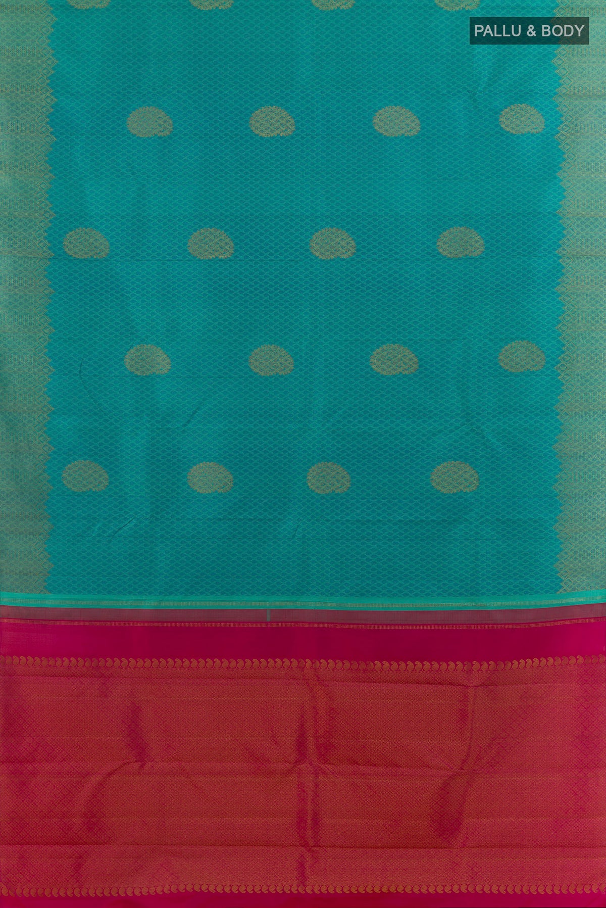 Flat view of Pure Silk Turquoise Kanchipuram Saree with Jacquard With Zari Butta on the body and Zari Border. 