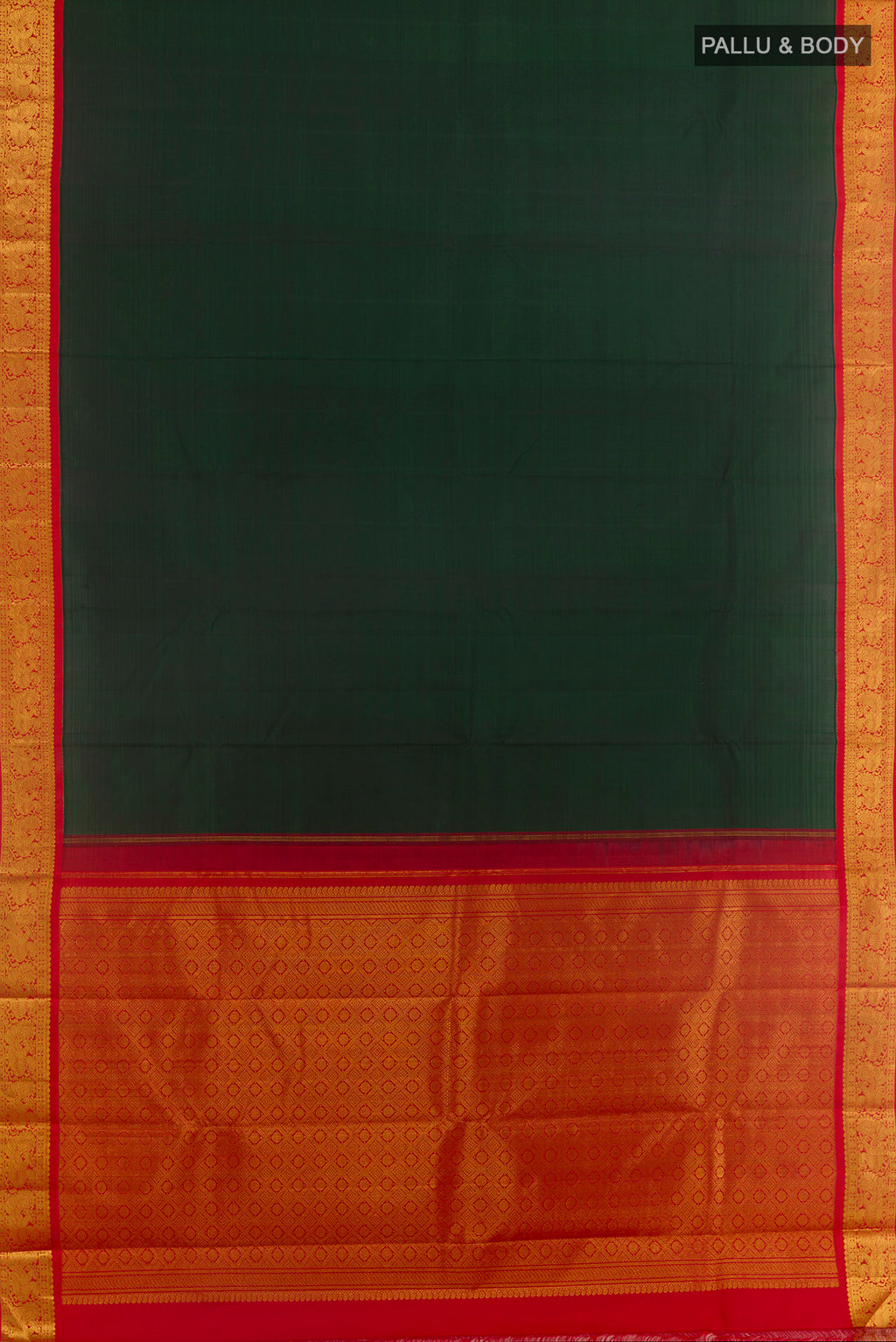 Flat view of Bottle Green Kanjivaram Silk Saree with Plain Body and Zari Border. 