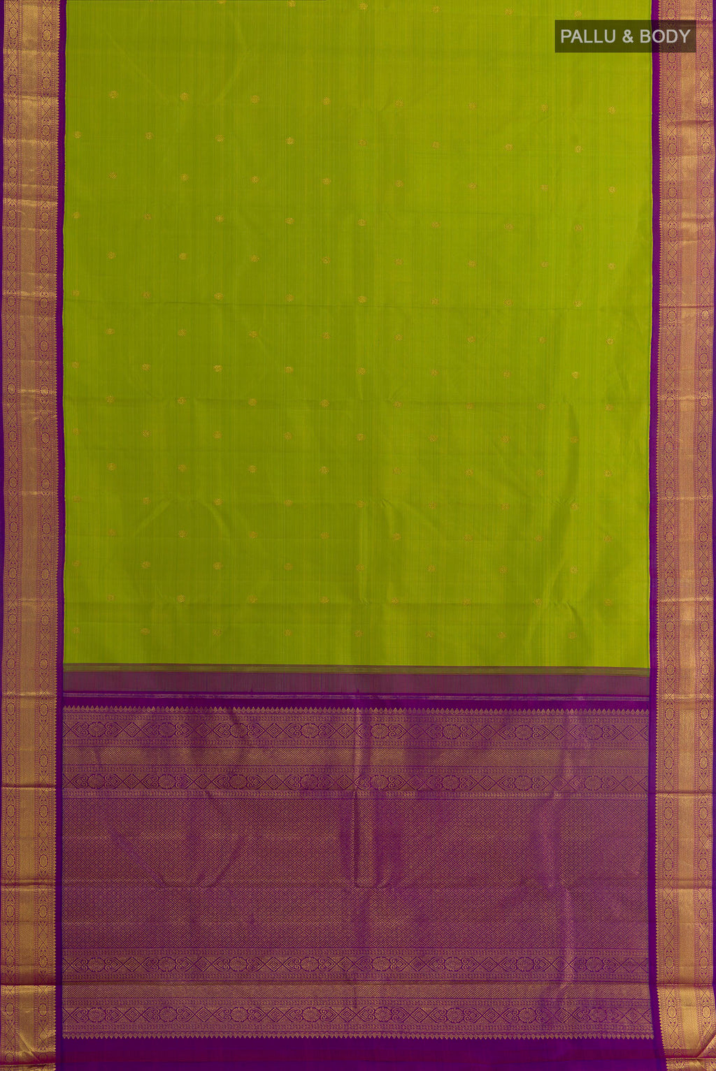 Flat view of Green Kanjivaram Silk Saree with Zari Butta on the body and Zari Border. 